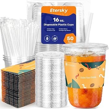 50 Pack 16 oz Clear Plastic Boba Cups with Lids, Straws and Sleeves | Disposable Iced Coffee Cups, Round Bottom, To Go Cups for Lemonade, Matcha, Smoothie, Party, Coffee Shop, Takeout, Yellow