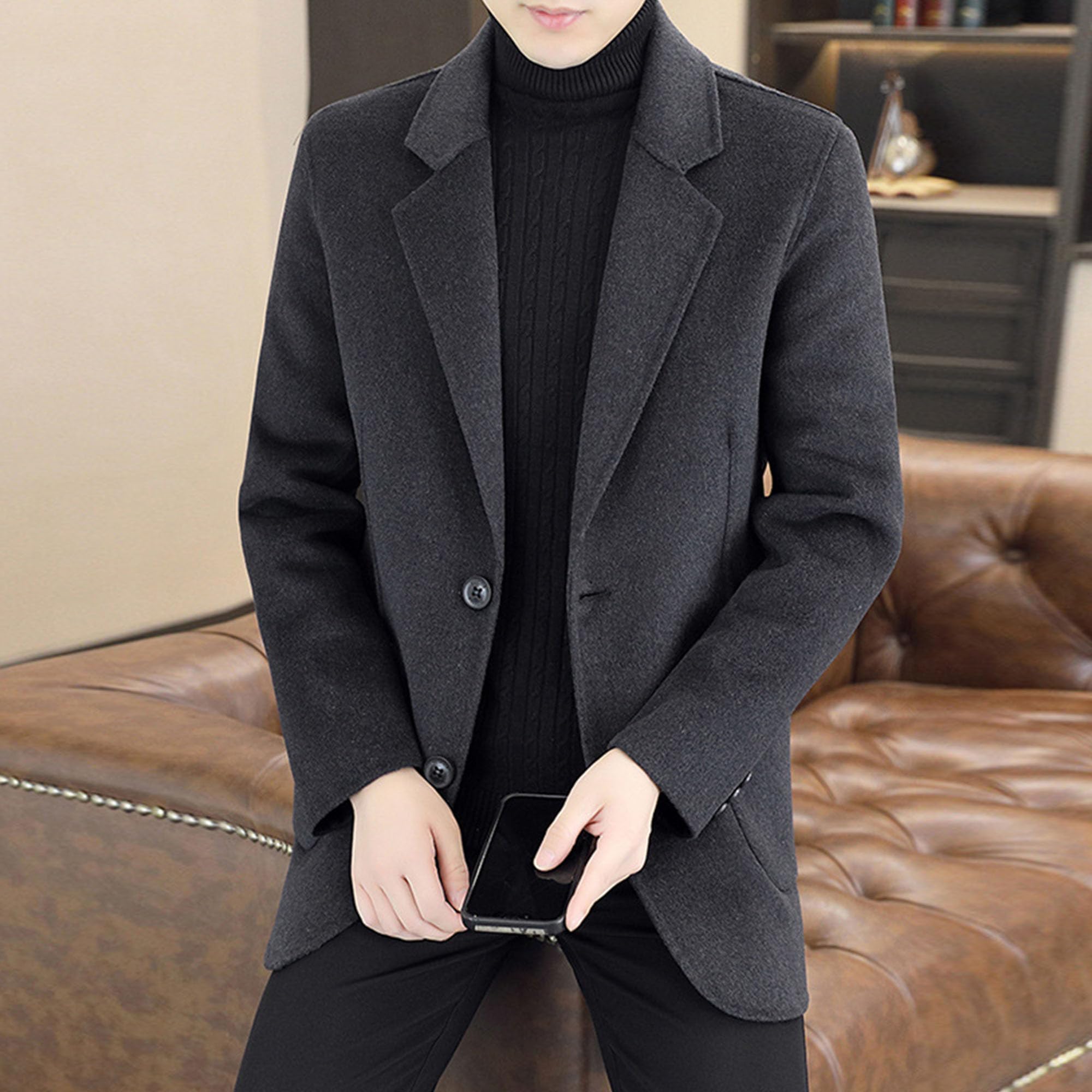 JEKE-DG Men's Winter Coat Trench Overcoat Wool Blend Blazer Jacket Casual Single Breasted Pea Suit Jacket (180,Dark Gray 2)