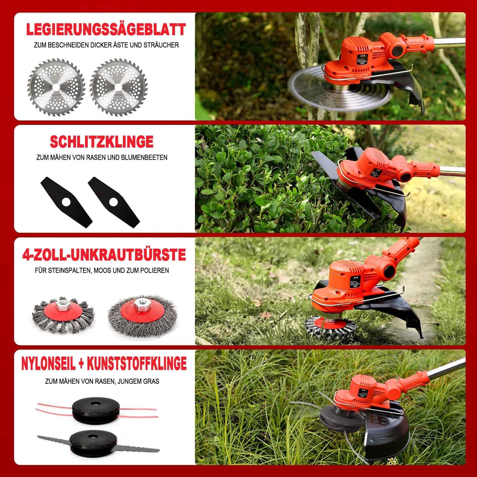 Rasentrimmer mit Akku und Unkrautbürste, 9" Bürstenlose Freischneider,mit 2 Akku 4.0Ah, 21v unkrautbürste akku, Trimmer Garten mit 4 Klingentypen, für Garden Trimmen