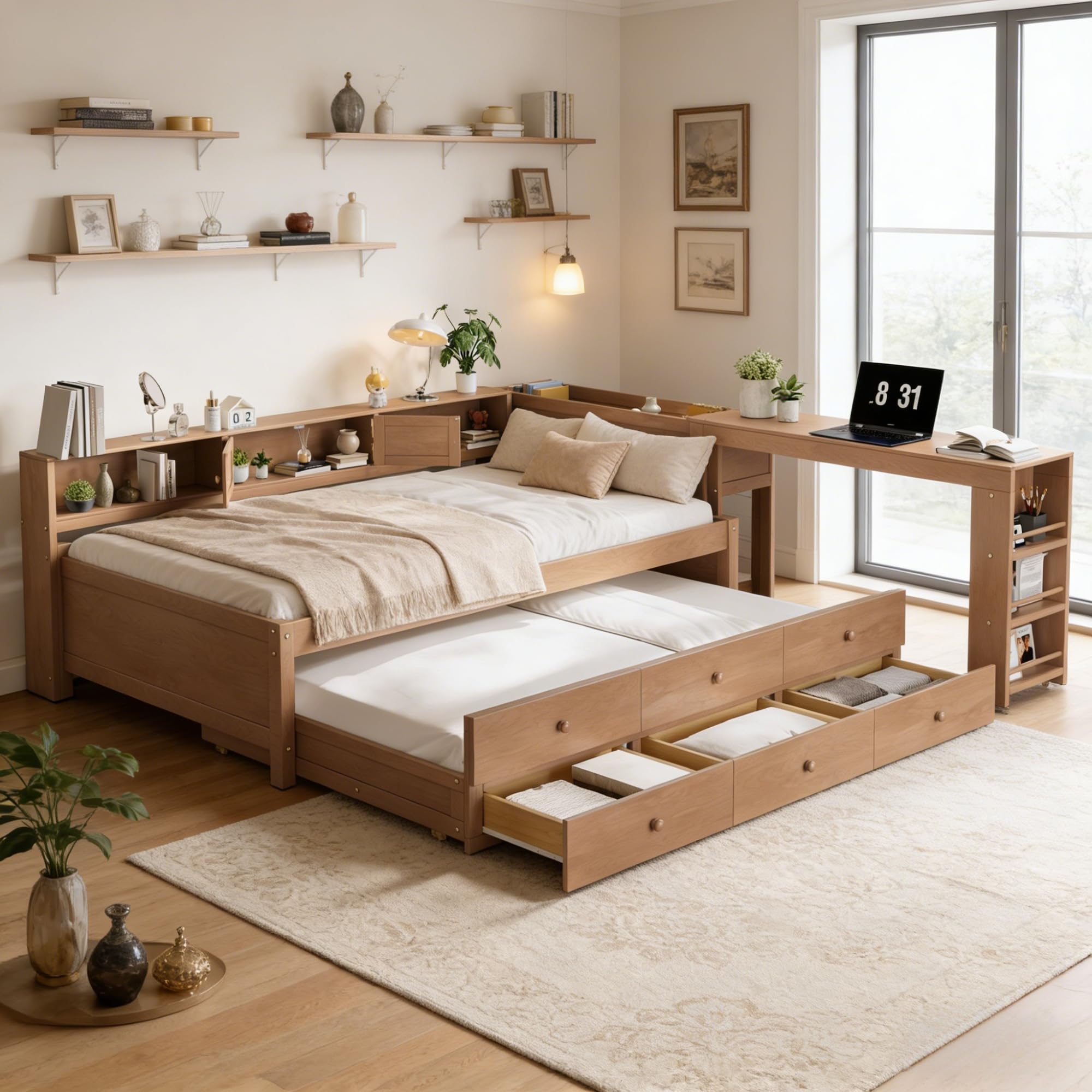 Bellemave Twin Platform Bed with Trundle and Drawers, Wood Daybed with Desk and Upgraded Support Slats, Twin Bed Frame for Bedroom, Guests, No Box