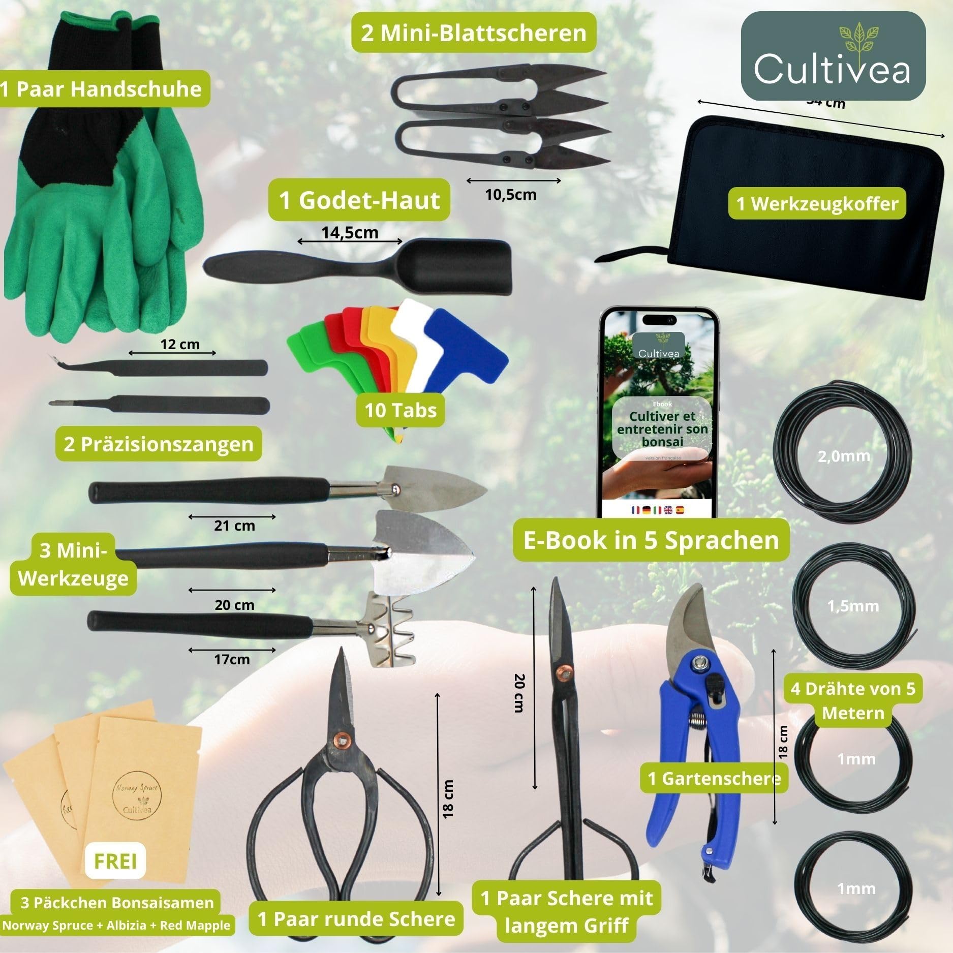 Cultivea® Set aus 32 kompletten Bonsai-Werkzeugen - Stahlwerkzeug - Gärtnern - Bonsaischere zur Pflege Ihrer Bonsais und Pflanzen - Schere -Zange - Trimmen und Beschneiden von Bonsai - Aluminiumdraht