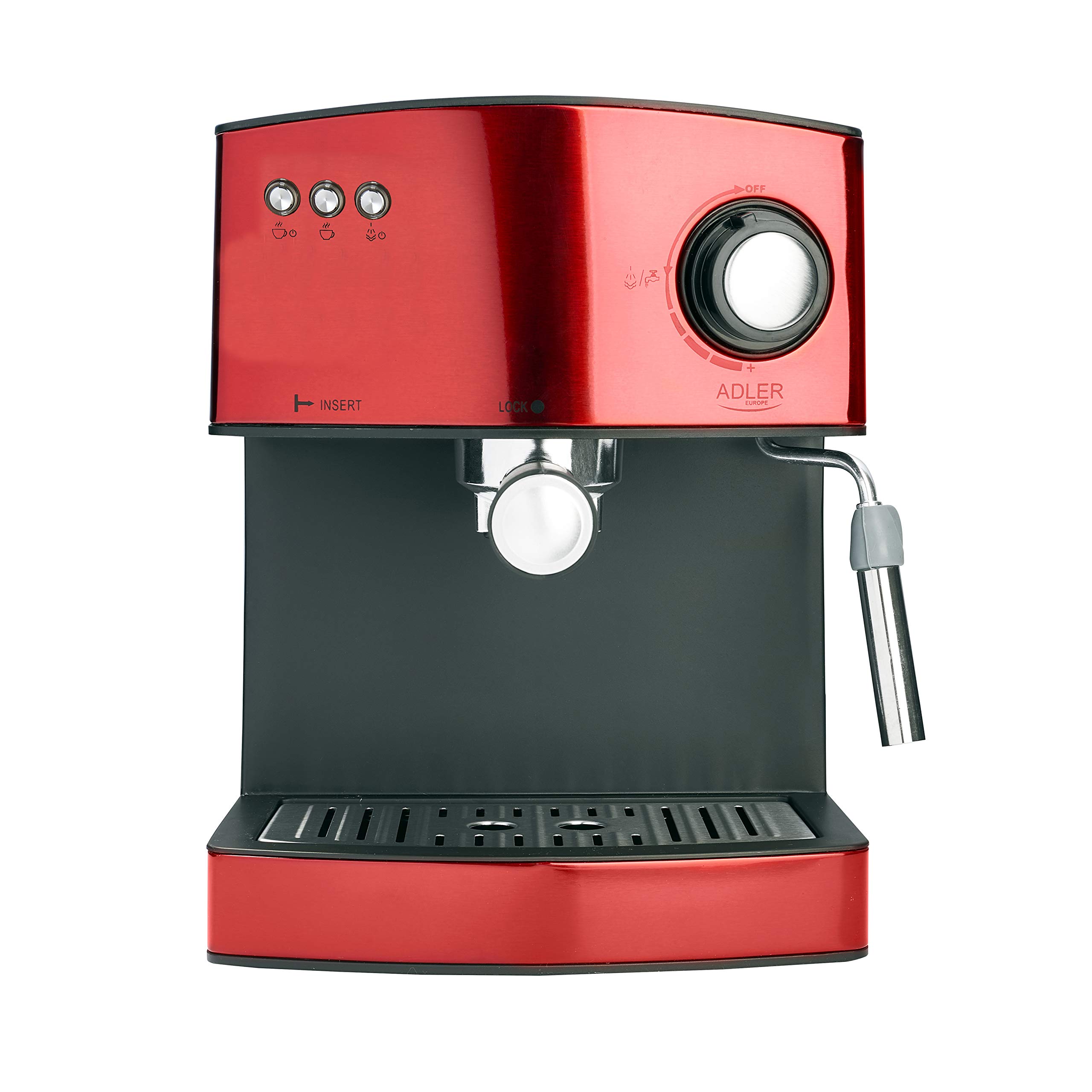 ADLER AD 4404R Cafetera Espresso Automática 15 Bares, Depósito 1,6 L, para Preparar Café Latte, Espresso y Capuccino, Vaporizador para Espumar Leche, Calienta Tazas, Color Rojo, 850W
