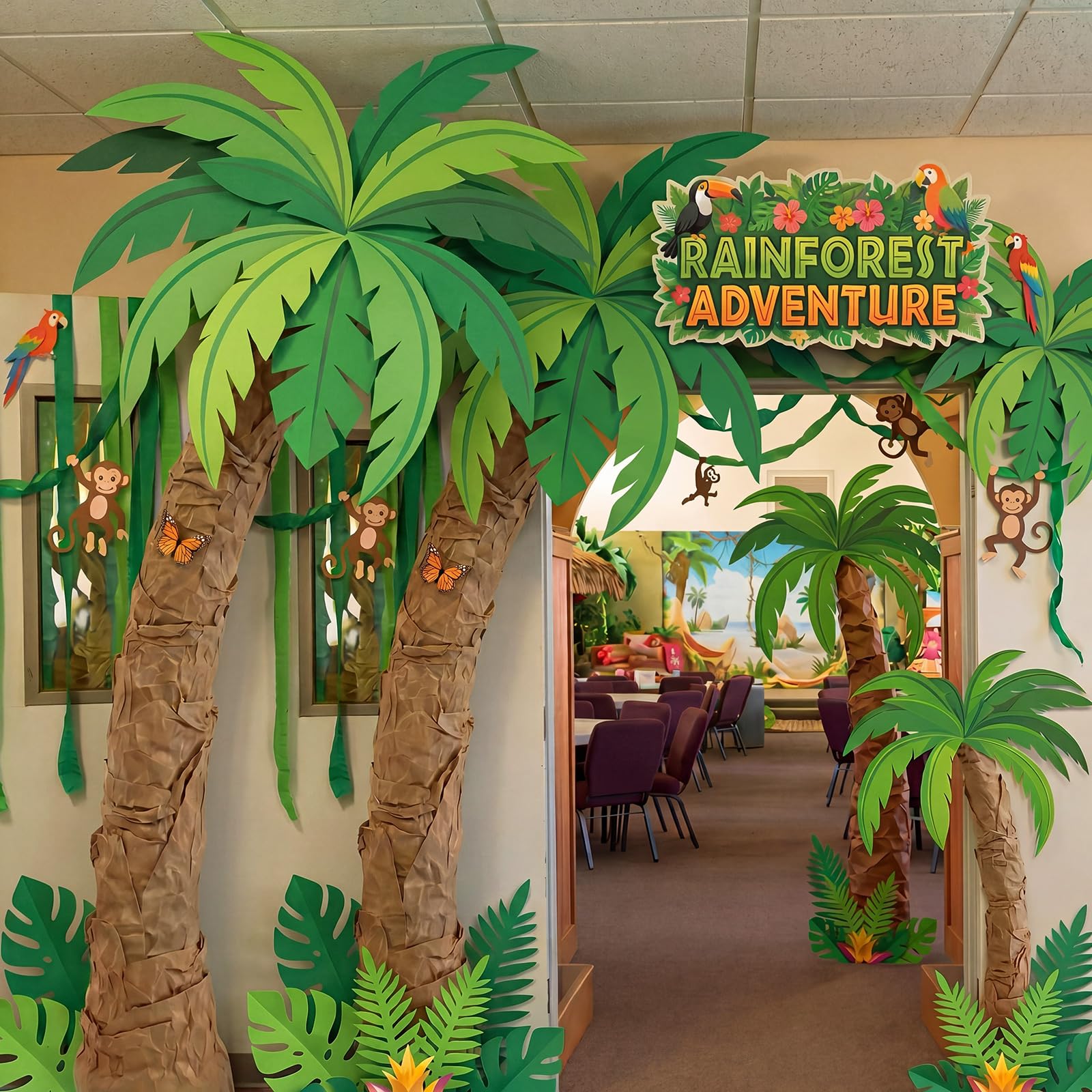Gersoniel Dschungelthema Klassenzimmer Party Dekorationen Gelenkpalmen Kit 30,5 cm x 0,6 m Kraftpapier 36 mehrere Größen grüne Blätter Pappausschnitt, tropische DIY Kokosnussbaum für Regenwald Safari
