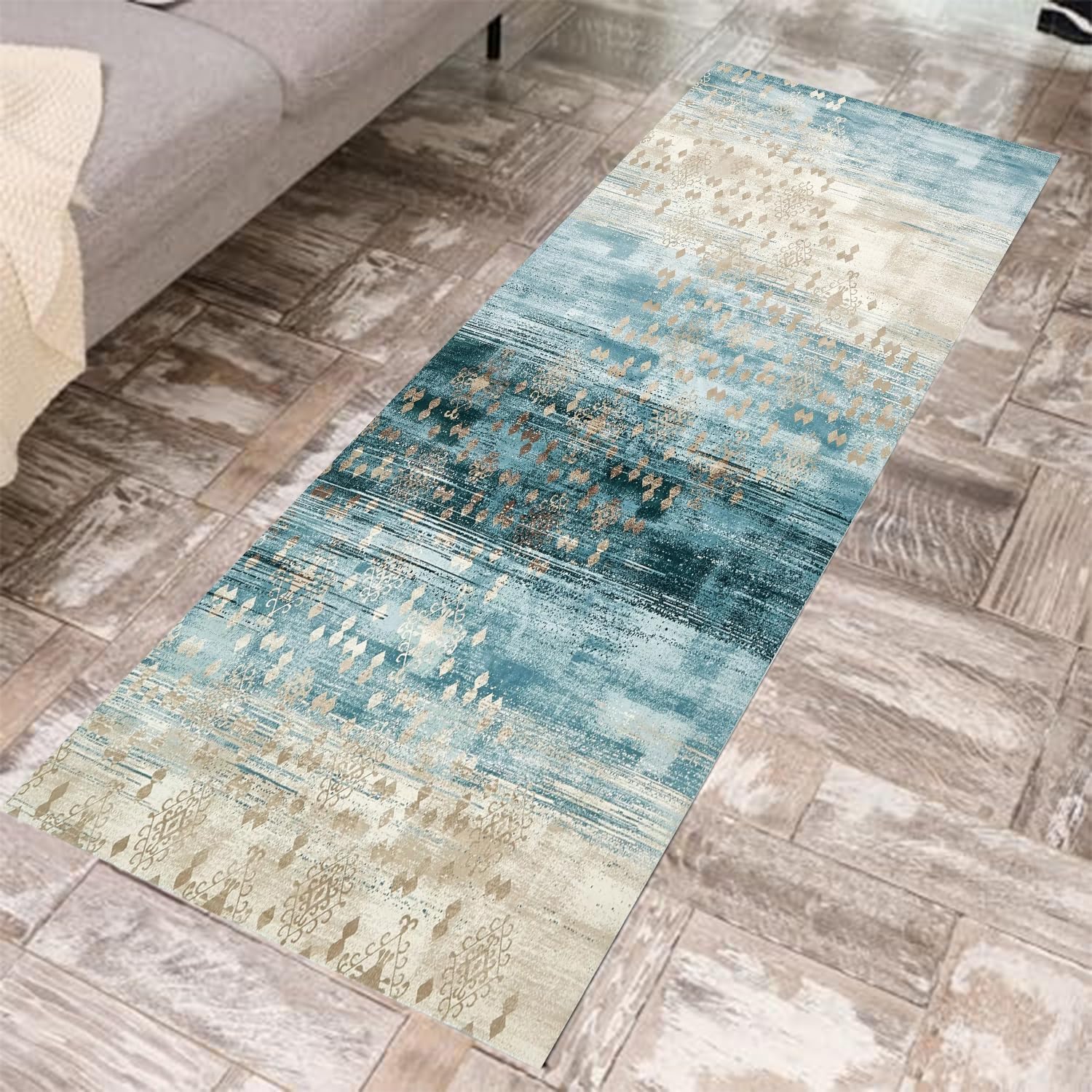 Yancorp Area Rug 2'x6'for Living Room Washable Entrance Rug Faux Wool Non-Slip Indoor Door Mat Throw Rug for Bedroom Office Entryway Bathroom Turquoise Teal Gradient