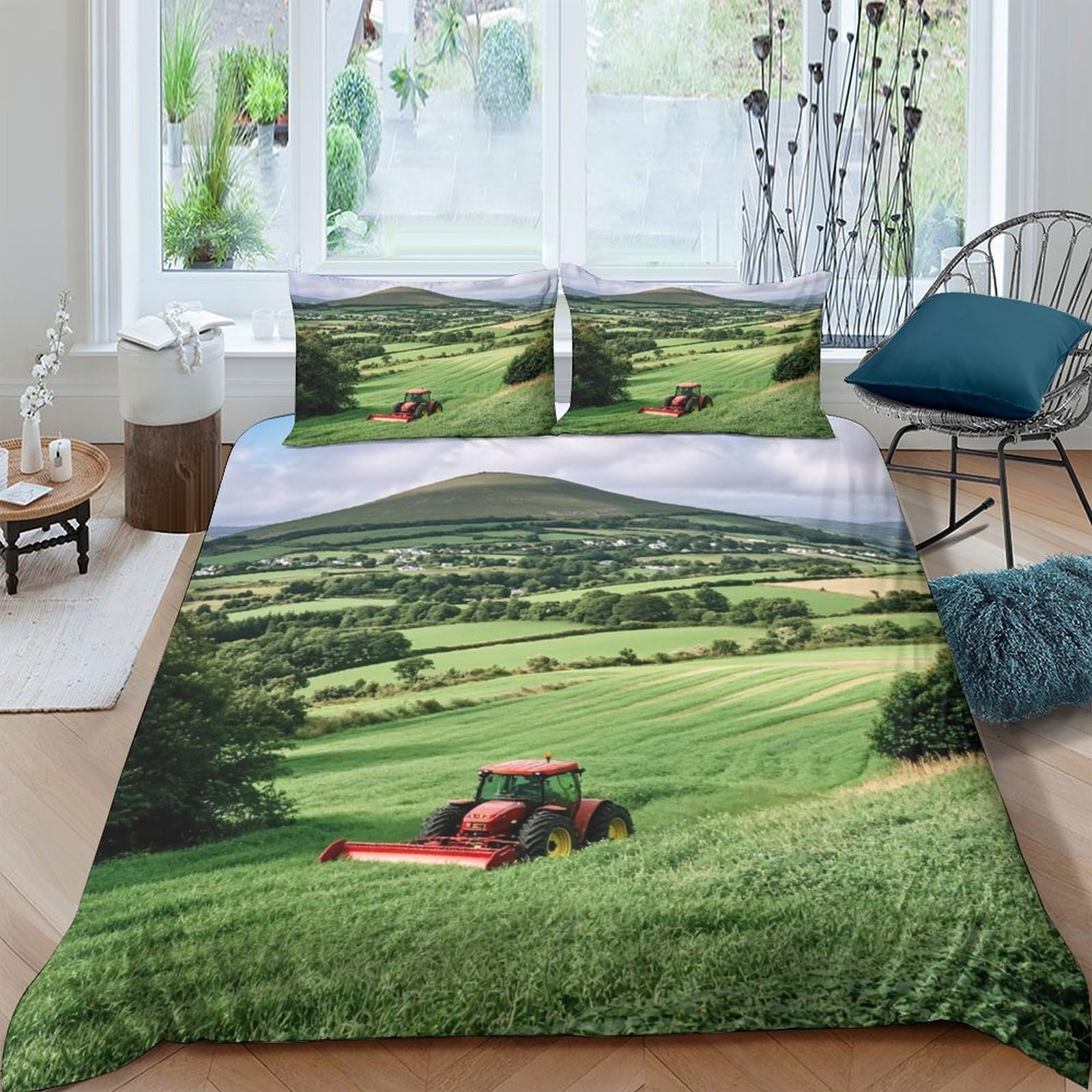 Ctjqhvkz Style-1 3D Printed Countryside Landscape Fitted Sheet Microfiber Soft Breathable Tractor Field Bed Cover For Home Bedroom Guest Room Single（135X200cm）