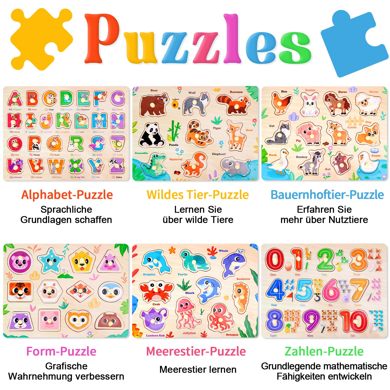 6PCS Kinder Holzpuzzle Spielzeug ab 3 Jahre, Montessori Spielzeug Puzzle ab 3 4 5 Jahre, Kinderspielzeug Steckpuzzle - Lernen Alphabet, Zahlen, Formen, Tiere, Lernspiele Geschenke für Jungen Mädchen