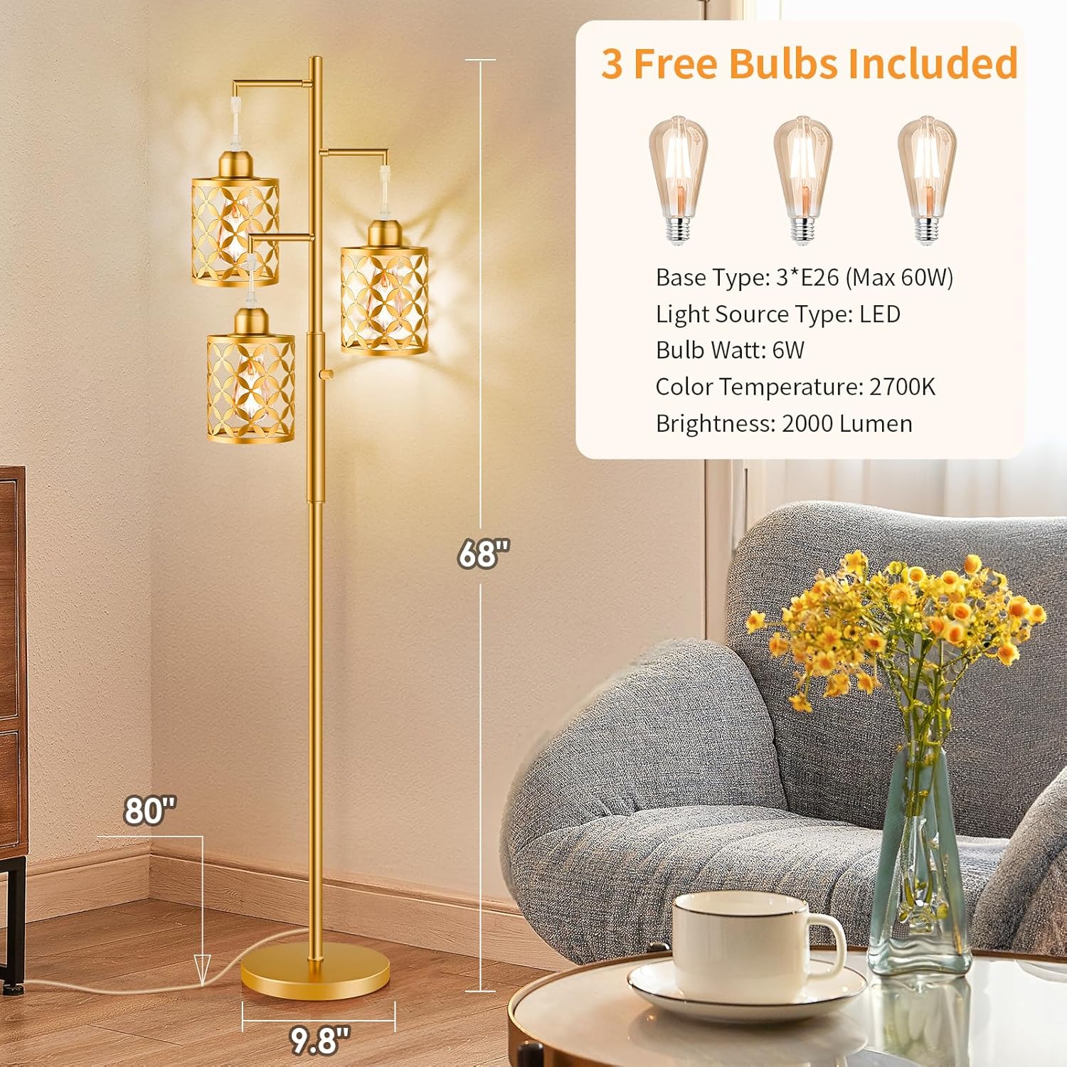 Dimmable Floor Lamp, Farmhouse Standing Lamp with Elegant Metal Cage, Industrial Tall Tree Floor Lamps for Living Room, Bedroom, Study Room, Office, 2000LM LED Bulbs Included - 68", Gold