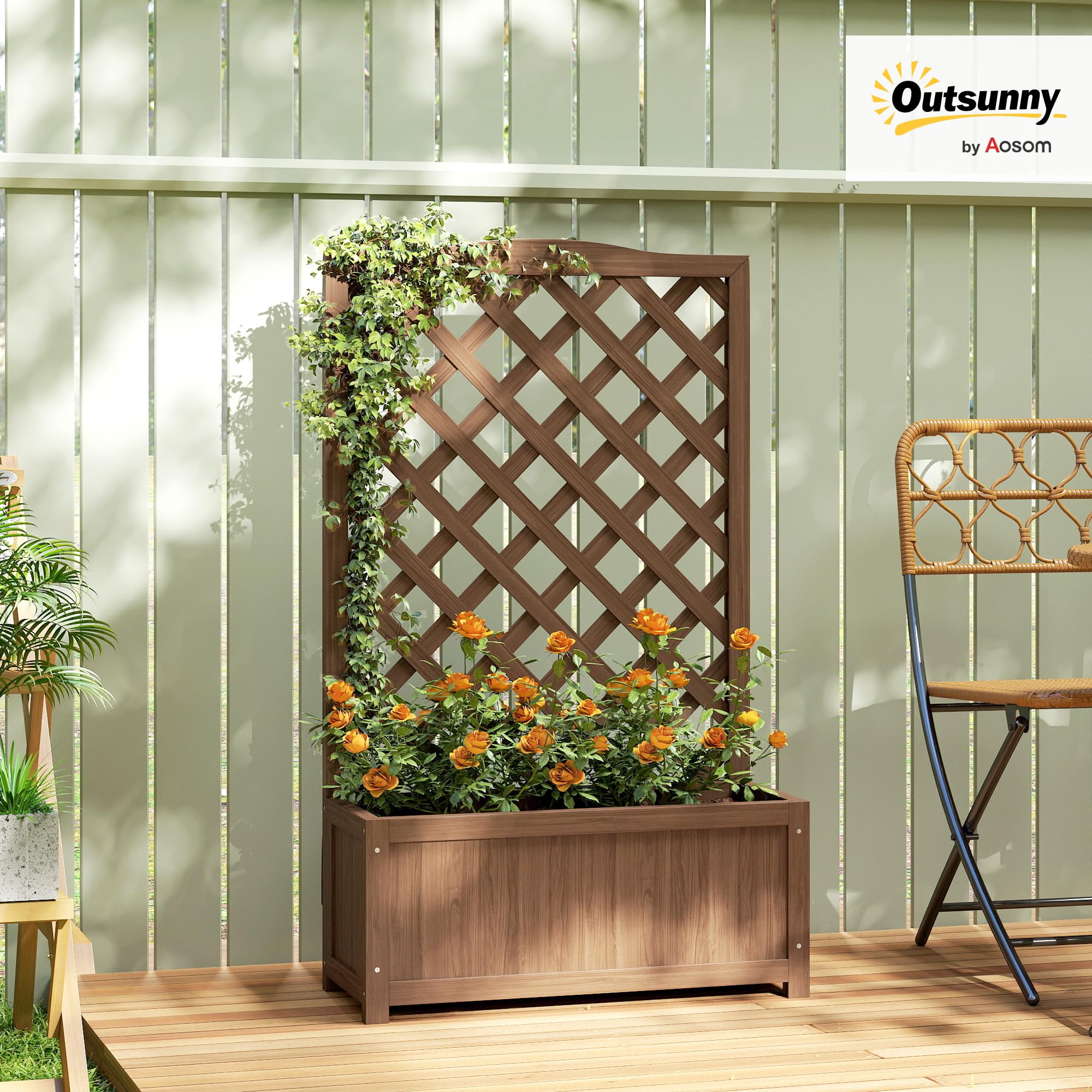Outsunny Jardinière avec Treillis, Bac à Fleurs, Bois Massif, 70 x 28 x 117 cm, Café Foncé