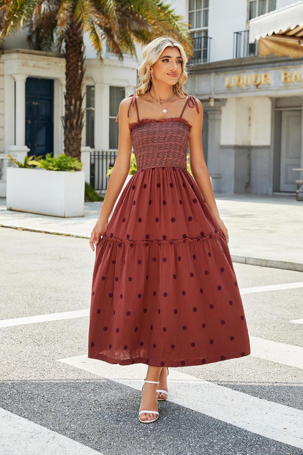 Women Floral Embroidered Maxi Dress Sleeveless Tie Shoulder Smocked Flowy Dress Boho Summer Sundresses with Pockets - Image 3