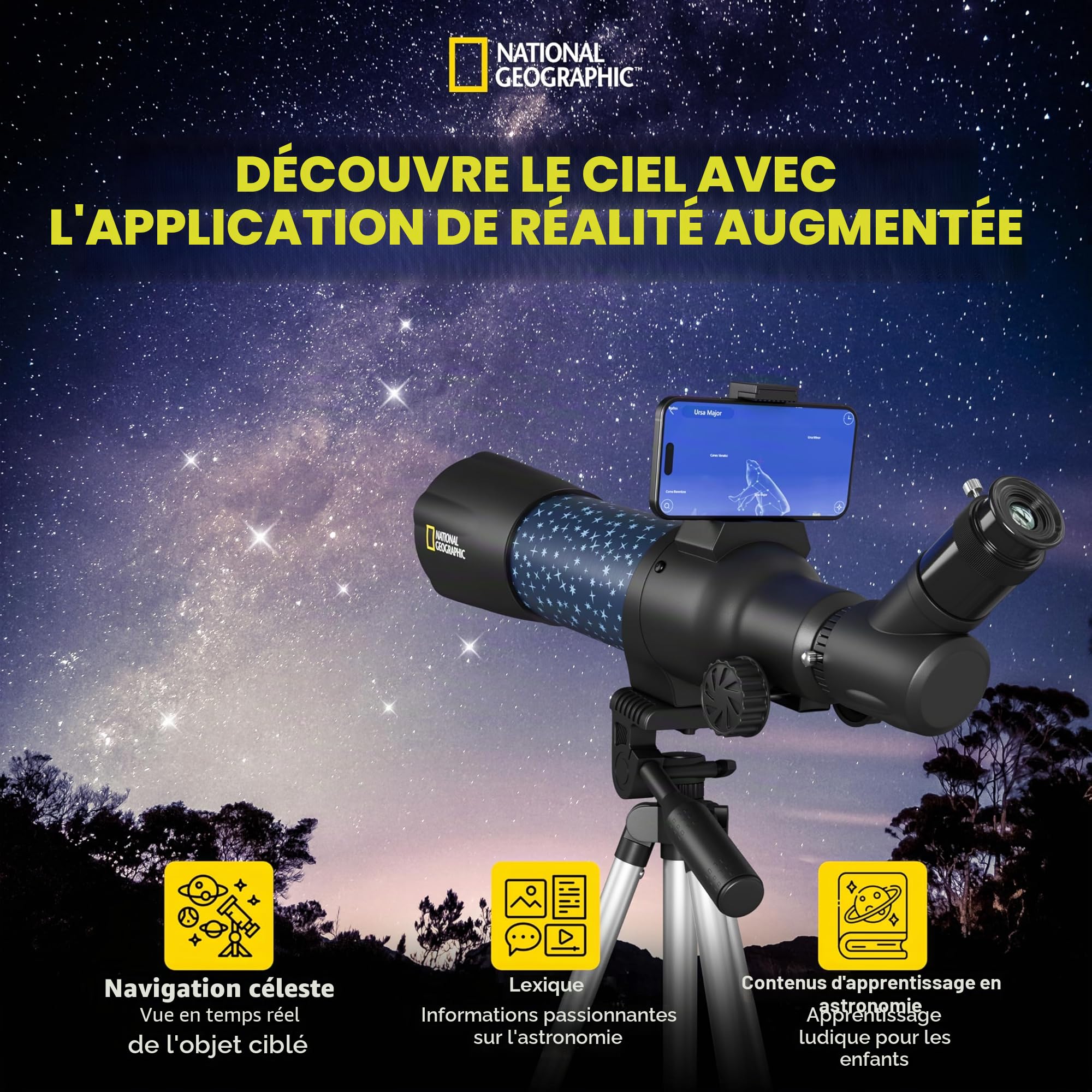 National Geographic Télescope Intelligent AR pour Enfant avec trépied, Sac à Dos, Support pour Smartphone et Application de réalité augmentée