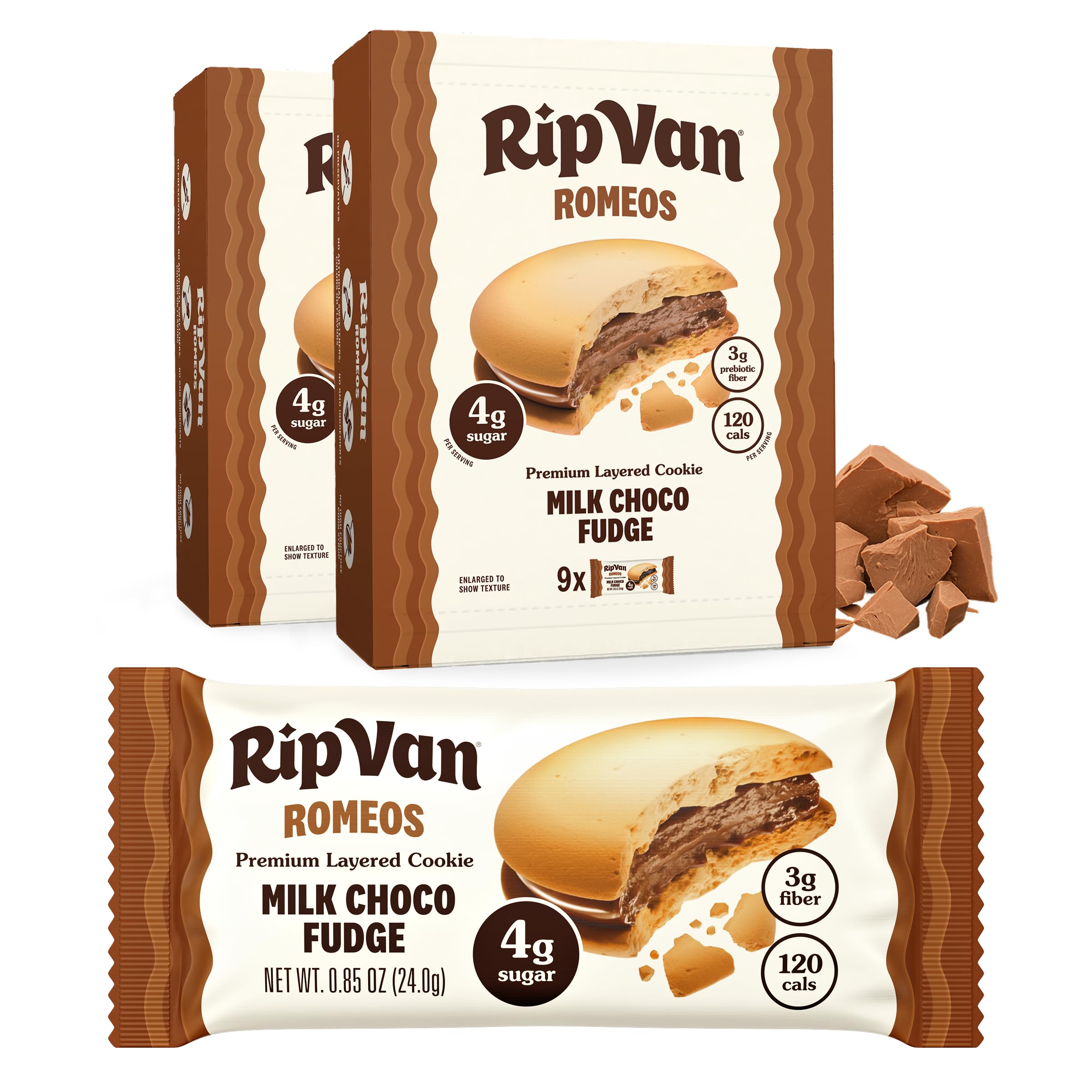 Rip Van Romeos Milk Choco Fudge Cookies - Low Sugar Cookies - Healthy Keto Snack - Individual 2 Packs (18 Count)