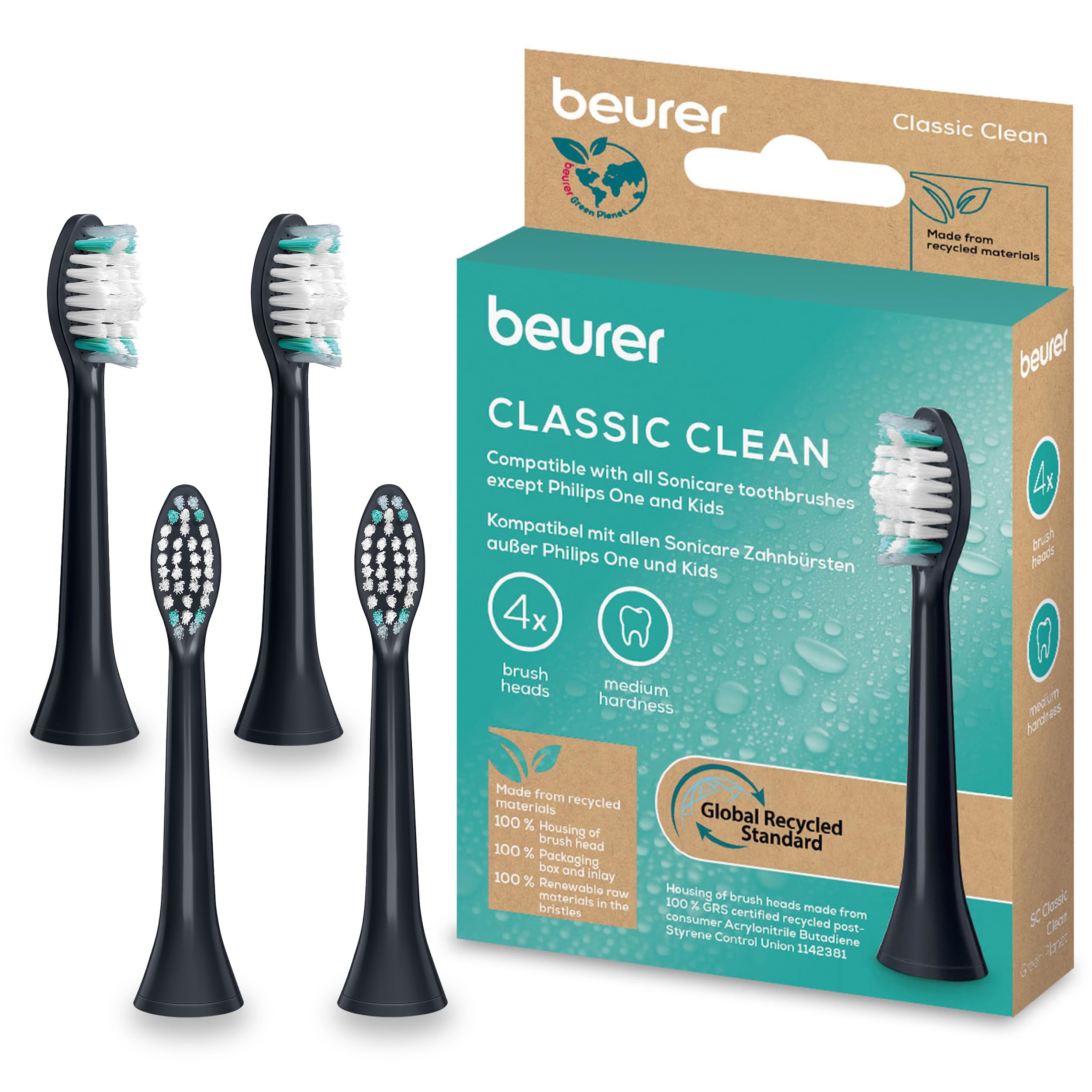 Beurer SC Classic Clean Bürstenköpfe für elektrische Zahnbürste, 4 Ersatzbürsten für SC 30, 50 & Philips Sonicare Schallzahnbürsten, W-förmige Indikatorborsten, Härtegrad Mittel