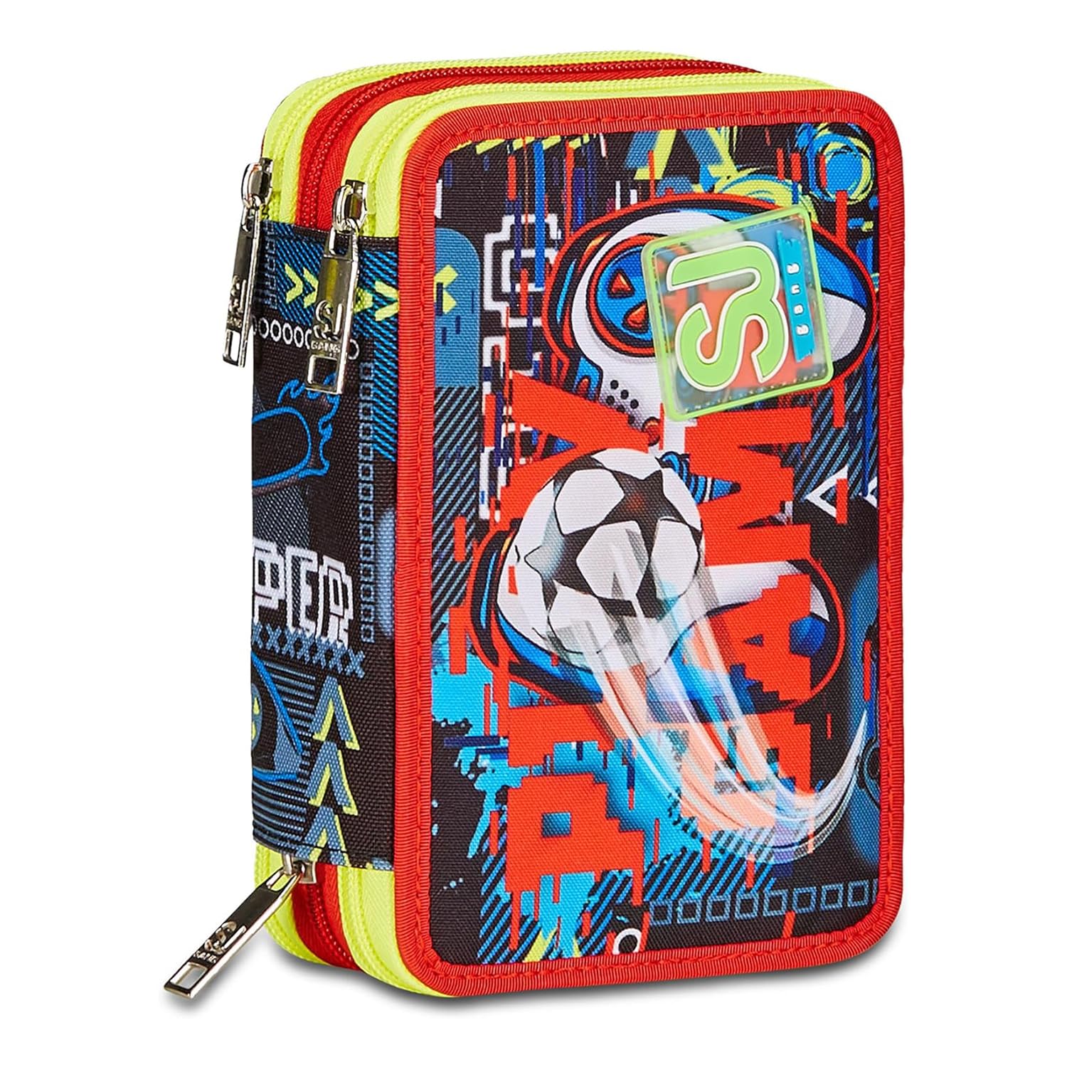 SJ GANG STYLE JAM GANG Astuccio Scuola 3 Zip, Nero, Rosso, FunnyGoal, Portapenne Triplo Scomparto Completo Di Penne, Matite, Colori, Accessori Zaino, Elementari, Medie, Bambino