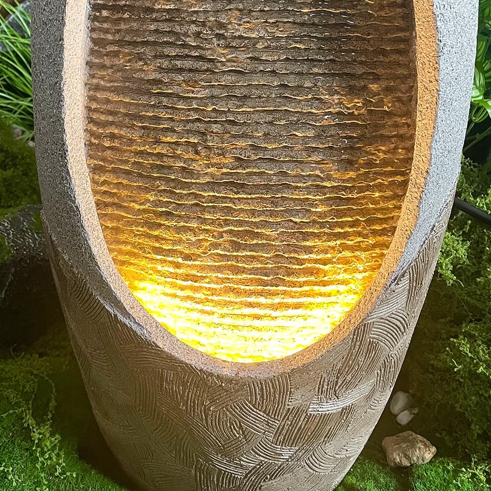 Floor-Standing Fountain Super Large Waterfall (27.55"), Gray Modern Style. The Waterfall Fountain with Rotating LED Light Ball Suits Home Living Room & Corner Decor, Featuring a Rotating Light Ball.