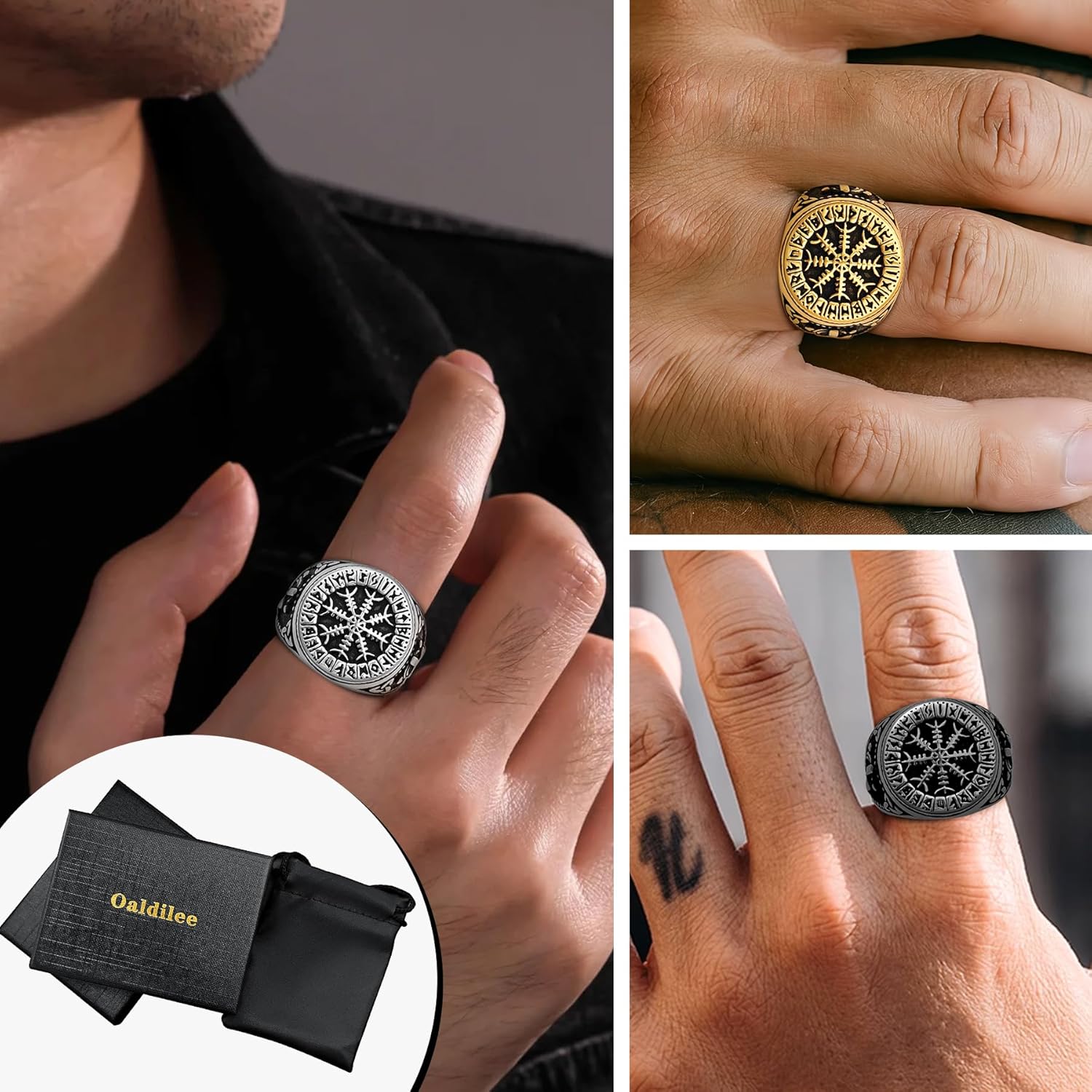 Nordic Battle Axe Ring Viking Vegvisir Pirate Compass Rings Stainless Steel/18K Gold Plated/Black Norse Symbol Vintage Jewelry for Men Women Send Gift Box - Image 5