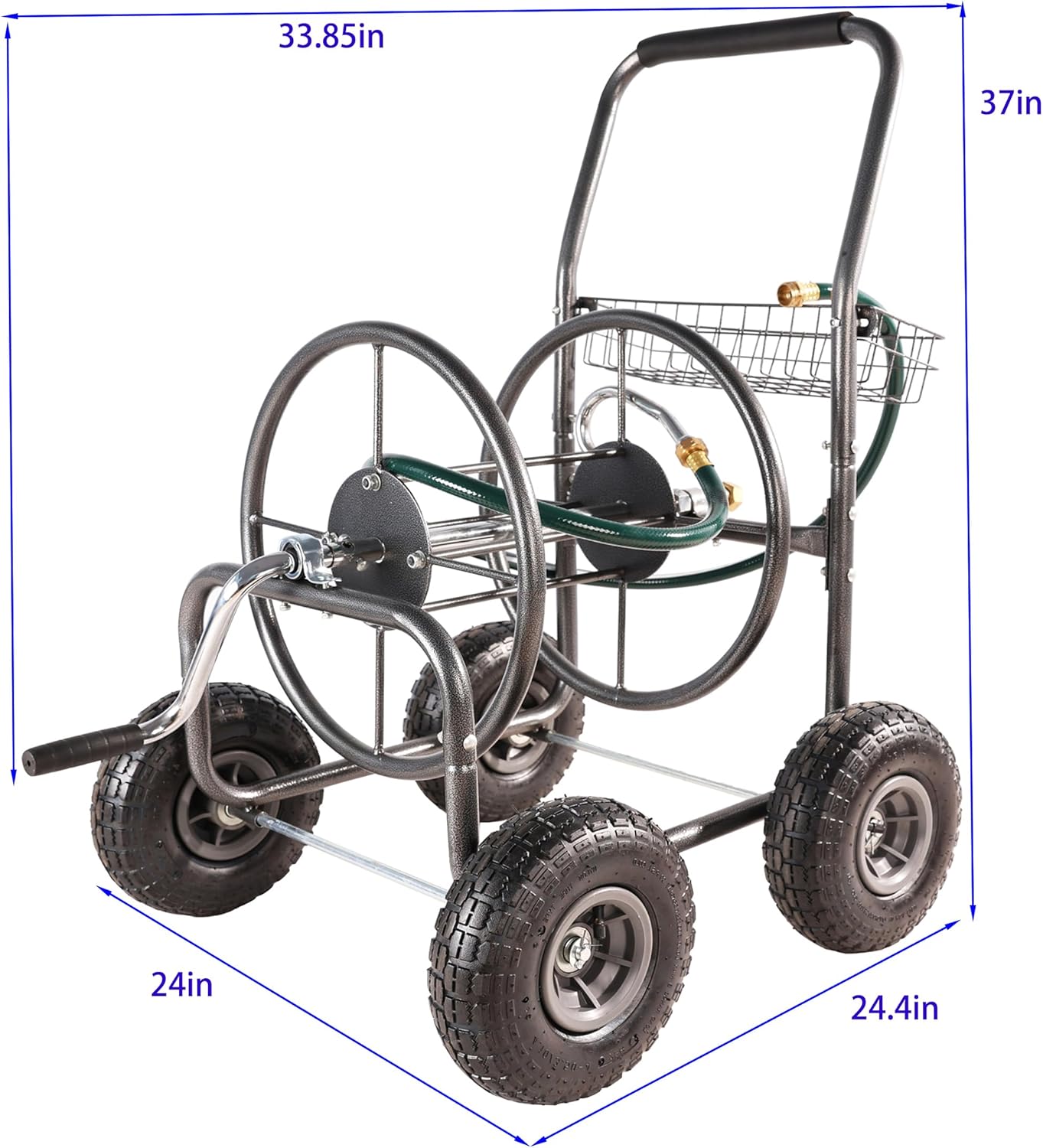 Garden Hose Reel Cart with wheels, Hose Reels for outside with Storage Basket, Portable Residential Reel Carts, Lawn Watering for Backyard and Farm (Dark Grey)