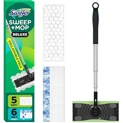 Swiffer Sweep & Mop Deluxe 2-in-1 Floor Mopping and Sweeping Kit, Multi-Surface Kit for Floor Cleaning, Includes 1 Sweeper Device, 5 Heavy Duty Dry Sweeping Cloths, 6 Heavy Duty Wet Mopping Cloths