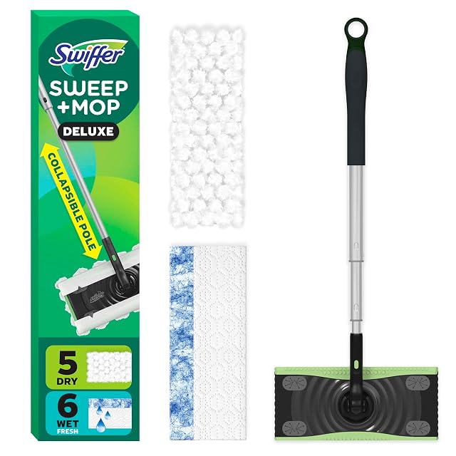 Swiffer Sweep Mop Deluxe 2-in-1 Multi-Surface Kit for Floor Cleaning Includes 1 Sweeper Device 5 Dry Sweeping 6