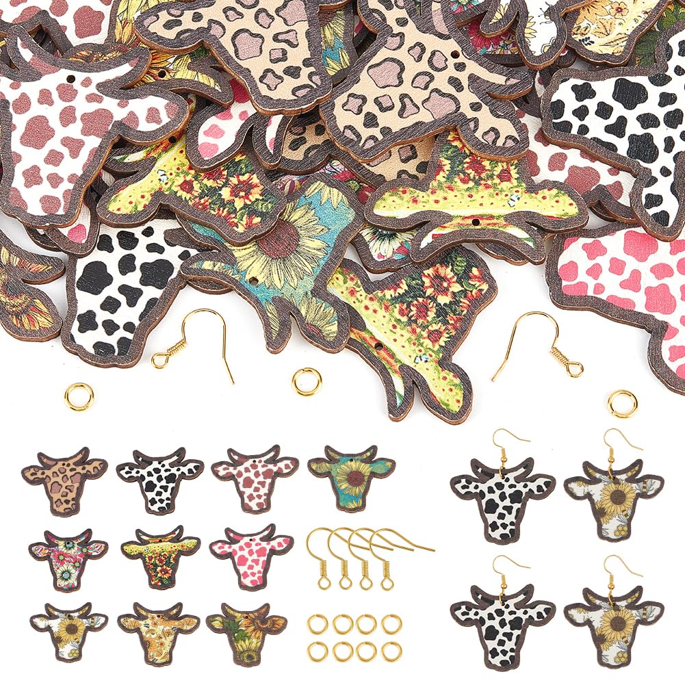 Kit de fabricación de aretes de madera SUNNYCLUE con dijes de vaca a granel estilo bohemio