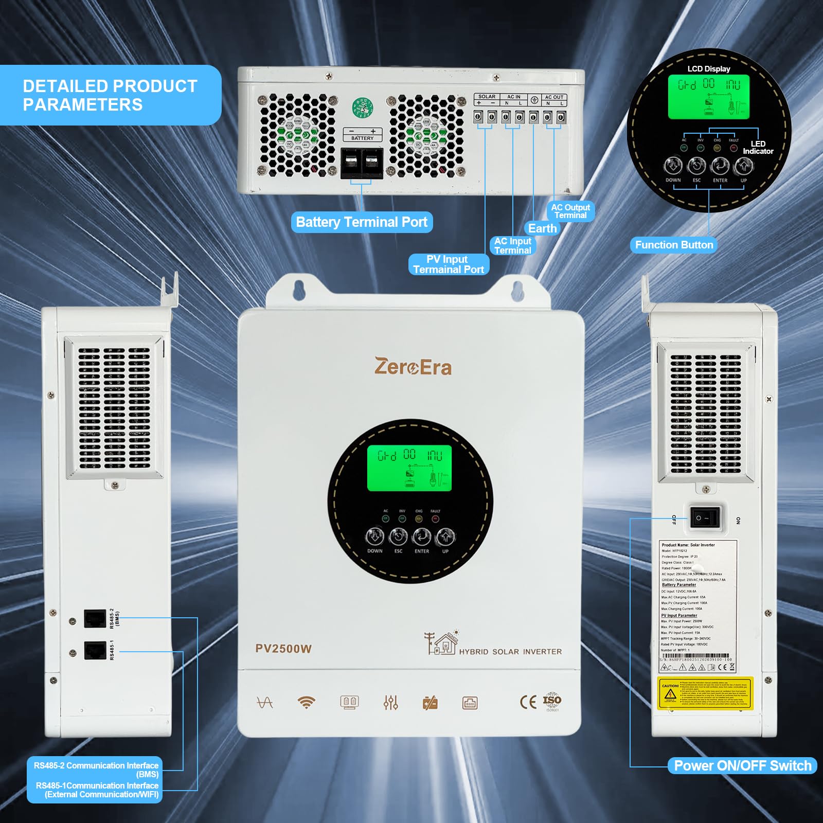 Inverter ibrido 12 V 1800 W, inverter ibrido solare, sinusoidale puro, supporta funzionamento senza batteria, 12 V DC fino a 230 V AC, regolatore di carica MPPT integrato, ideale, sistema di