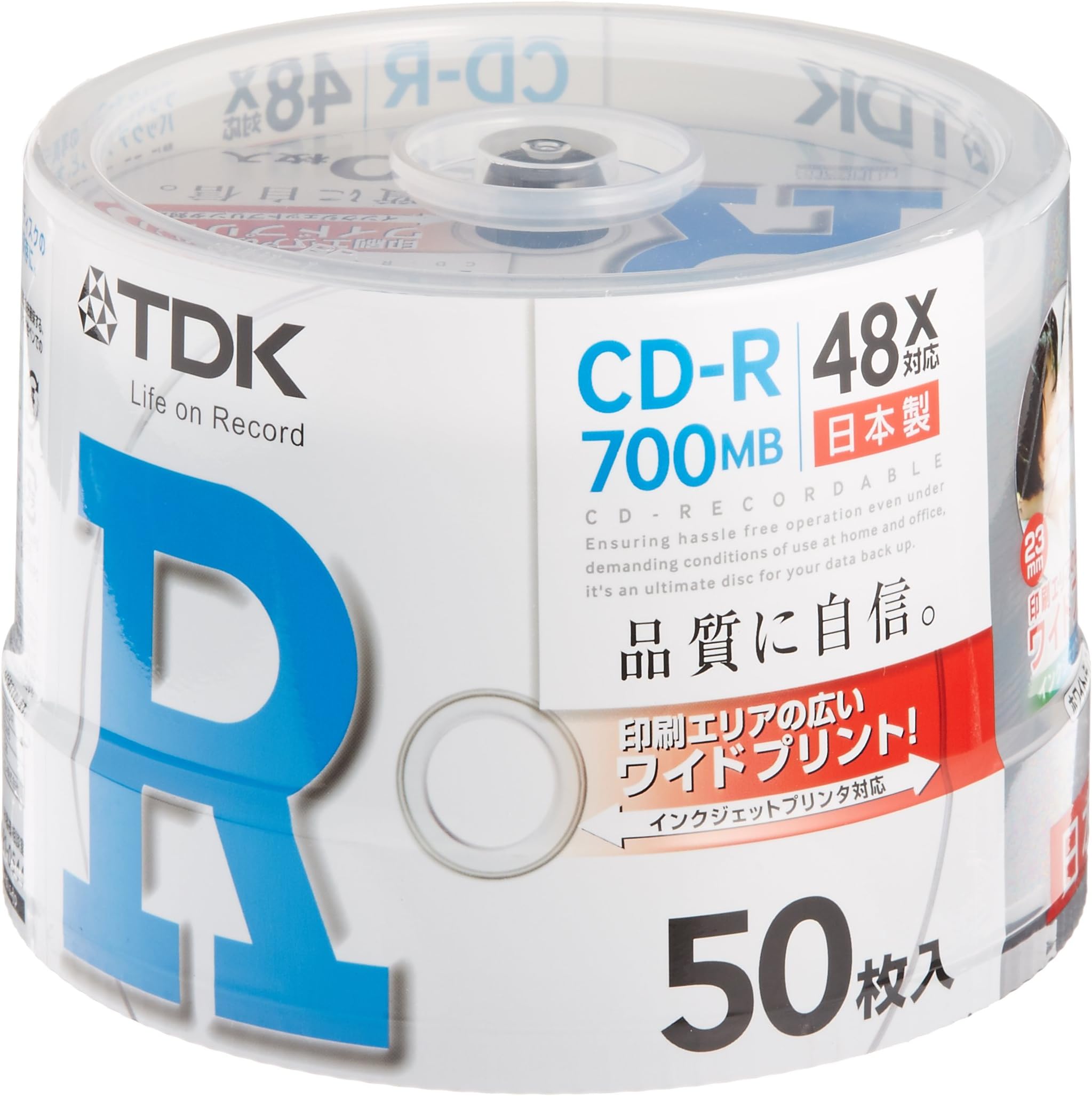 Amazon.co.jp: TDK CD-R 700MB 48X ホワイトワイドプリンタブル 日本製 50枚 スピンドル CD ...