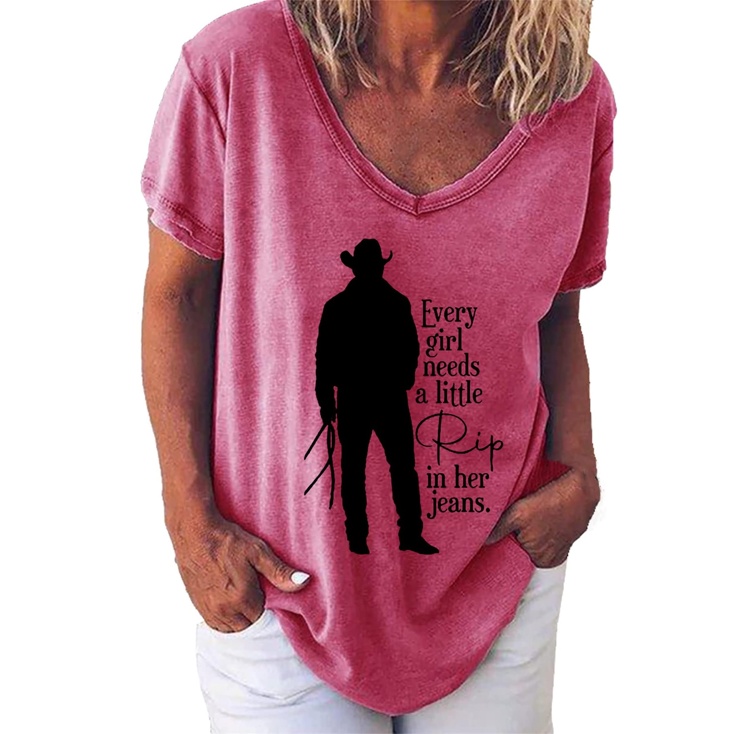 2025 Every Girl Needs A Little Rip in Her Jeans T-Shirt for Women,Vintage Letter Print Short Sleeve V Neck Shirt, Pink, L