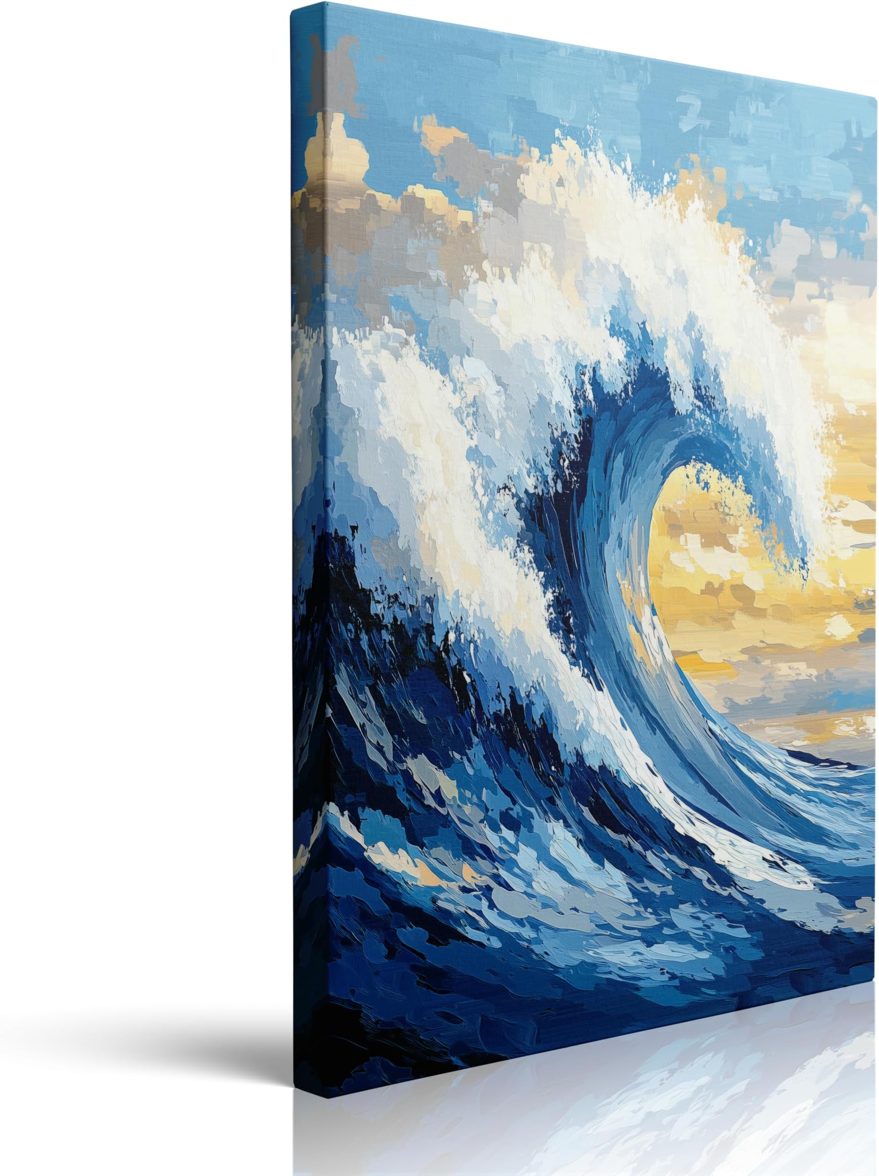 Dramatic Ocean Wave Painting Sunset Sky Canvas Wall Art Framed Print Textured Blue and White Seascape Artwork Poster Coastal Wall Decor for Living Room Bedroom Office Surf Theme 12x16 Inches