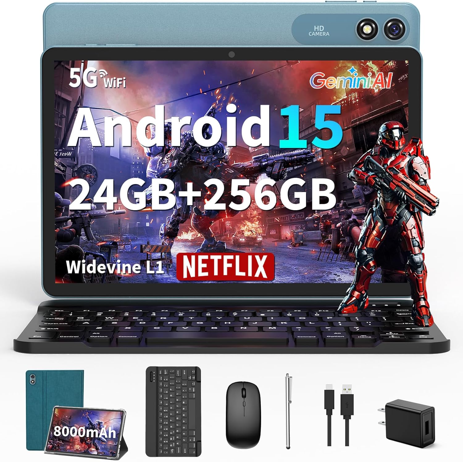 Tablet with Keyboard – 24GB RAM+256GB ROM(2TB Expand), Android 15 Tablet with Octa Core, 5G/2.4G WiFi, 8000mAh, BT V5.0, with Case, Mouse, Stylus, Split-Screen, Widevine L1, Face Unlock(Green Case)