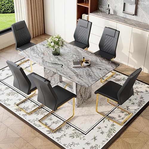 Miniatura 8 de Juego de mesa de comedor de mármol de 63 pulgadas para 6 personas, juego de mesa de comedor moderno para 6 con sillas, mesa de madera de mármol gris