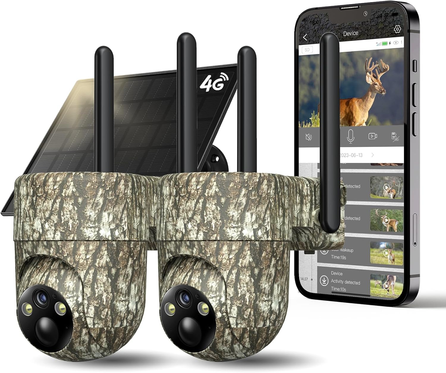 TKENPRO 4G LTE Cellular Trail Cameras,Built-in SIM Card with PIR Motion Activated, 2K Night Vision, No WiFi Needed IP65 Solar Security Camera 2 Pack