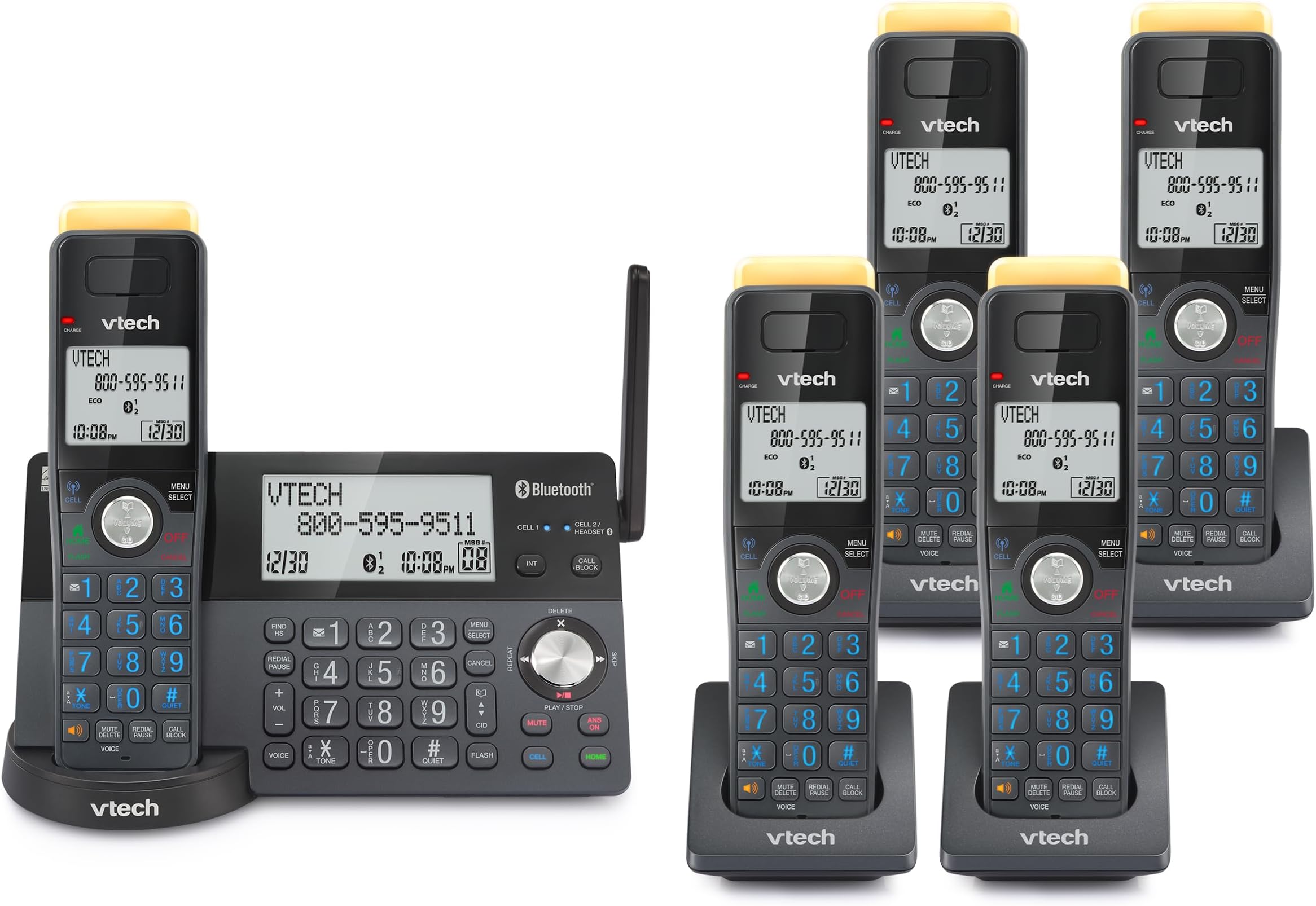 VTech IS8128-51 Super Long Range 5-Handset DECT 6.0 Cordless Phone for Home with Answering Machine, 2300 ft Range, Call Blocking, Bluetooth Connect to Cell, Intercom
