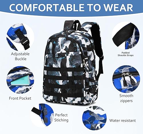 Miniatura 5 de Mochila para niños con lonchera, mochilas de camuflaje para niños para escuela primaria, bolsa de libros para viajes al aire libre (juego negro de