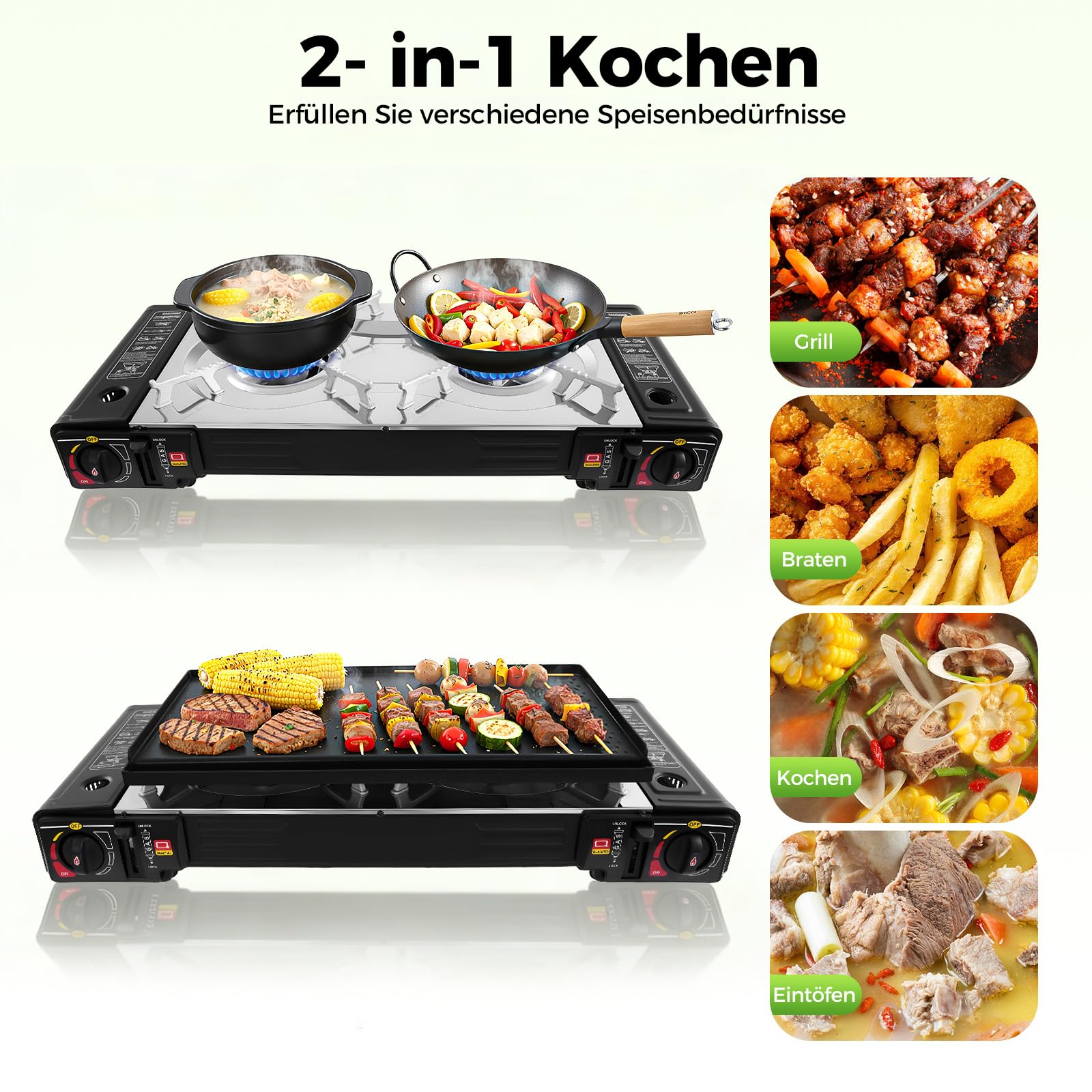 2-in-1 Gaskocher 2-Flammig Campingkocher mit Grillplatte, Tragbarer Camping Grill Gas Stove Campingkocher Gas Kochfeld für Outdoor und Innenraum