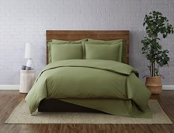 Brooklyn Loom Classic Cotton 200 Thread Count Solid 100% Cotton Percale 3-Piece King Duvet Set in Olive Green, Cotton, Adult, All Season, Oeko-TEX Certified