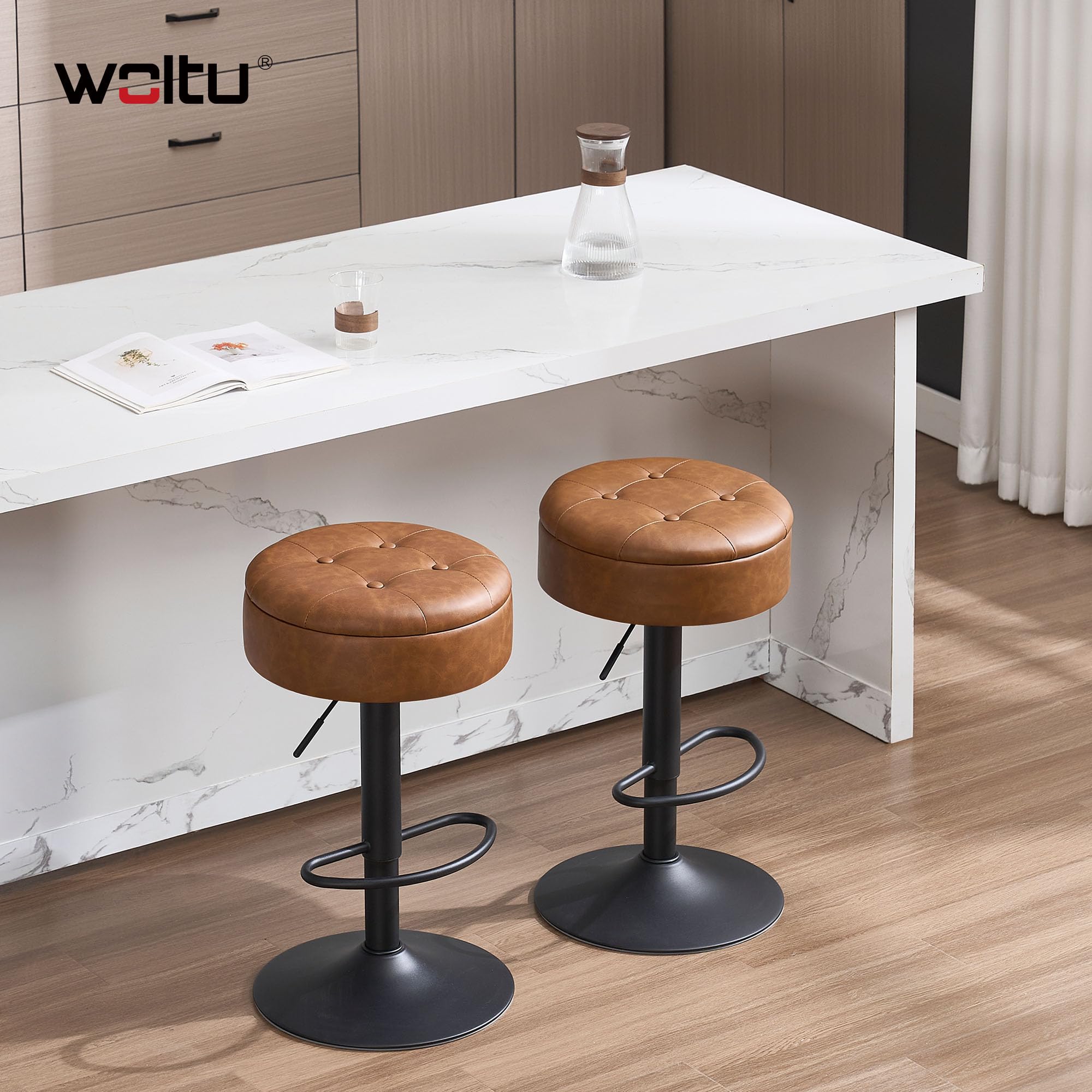 WOLTU Set di 2 Sgabelli Cucina, Sgabelli da Bar Alti con Spazio Contenitivo, Sedia Regolabili in Altezza e Girevoli a 360°, per Cucina Sala da Pranzo Bar Bancone, Pelle Sintetica, Metallo, Marrone
