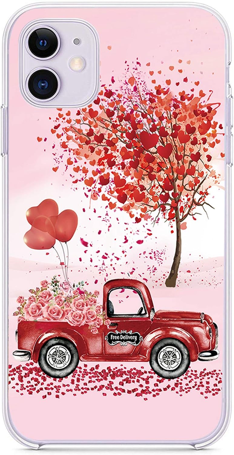 cocomong Valentines Day Phone Case for iPhone 11 Case 6.1", Red Truck Roses Flowers Hearts Tree Pattern Flexible TPU Thin Protective Valentine's Day Phone Case for iPhone 11 Anti-Drop-Scratch Bumper