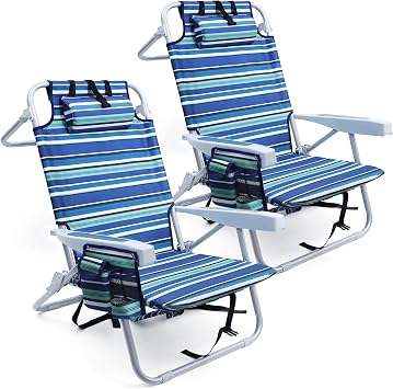 Yestomo Beach Chairs for Adults Heavy Duty, Compact Portable Lay Flat Folding Chair with Backpack Straps and Large Cooler Pouch, Support to 350LBS 2 Pack Stripes_Blue&Cyan