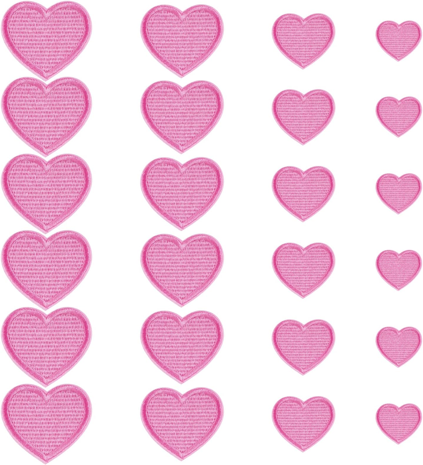 Lystaii 24pcs Heart Shape Iron on Patches Cute Mini Heart Iron-on sew-on Patches Embroidered Applique Decoration Patches Assorted Size Custom Patches for Clothing Jackets Hats Bags (Pink, 4 Size)
