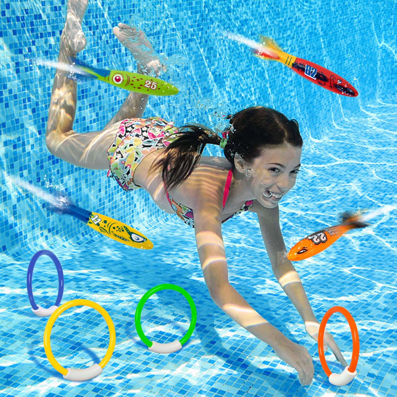 Underwater Pool Diving Toys, 8 Pcs Water Pool Toys for Kids Ages 4-8 8-12 Diving Rings and Pool Torpedo Set Training Dive Rings Swim Toys - Image 3
