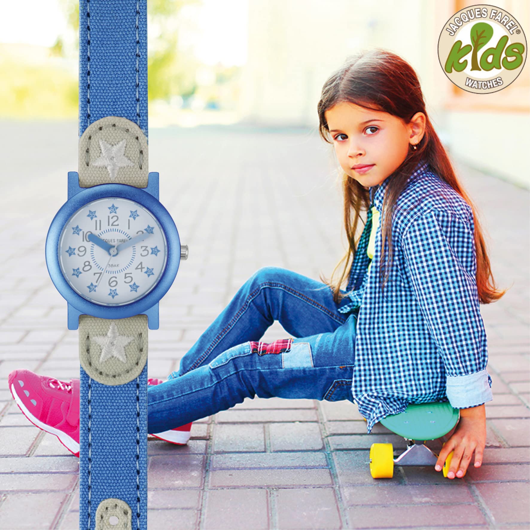 Jacques FAREL Öko Kinderarmbanduhr Mädchen Analog Quarz mit Textilarmband aus Bio-Baumwolle Blau Grau Sterne Nachhaltig ORG 01 STA