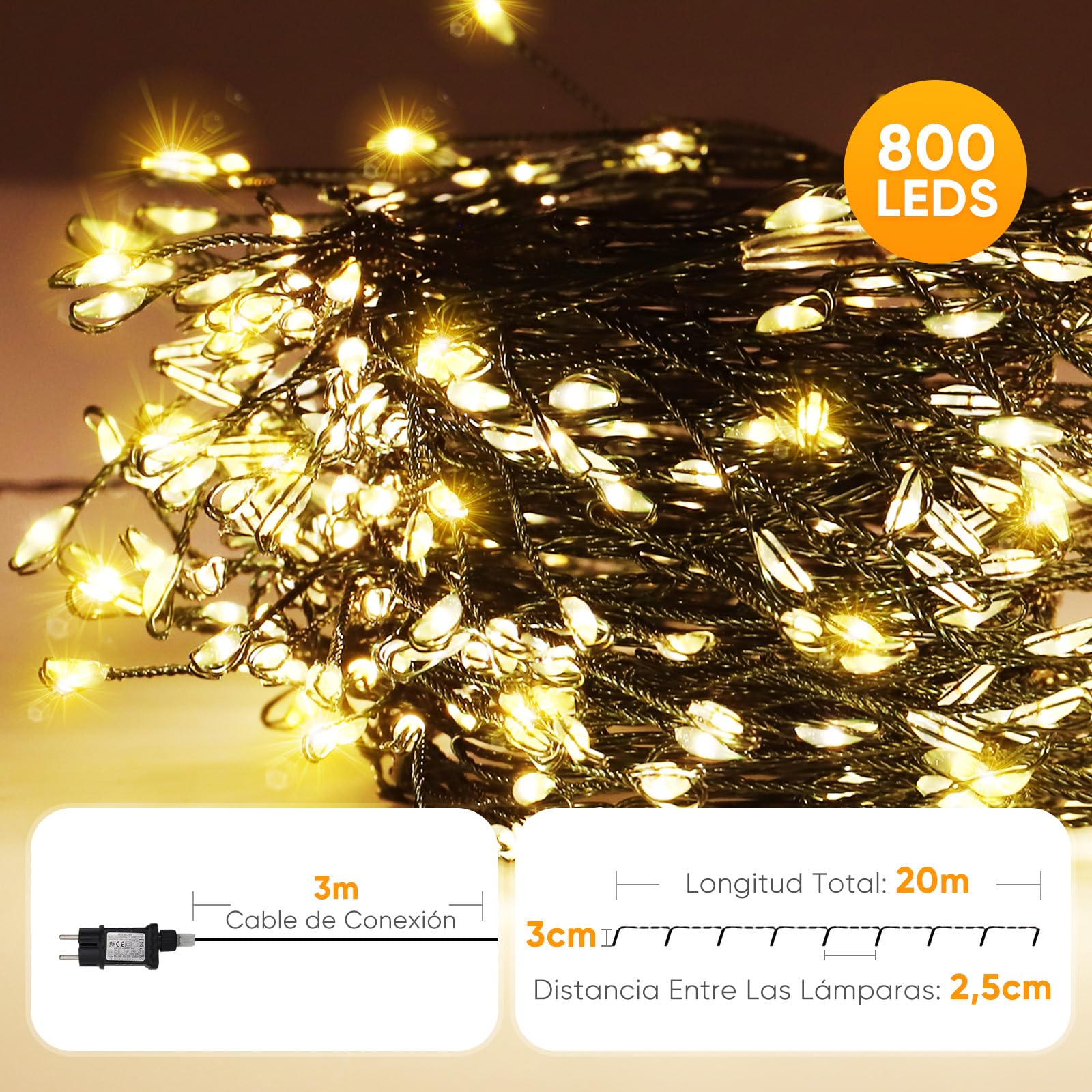 SALCAR Cadena de luces LED en racimo para árbol de Navidad, 20m con 800 LEDs, iluminación de árbol de Navidad con 8 modos, temporizador y memoria, resistente al agua, para exteriores e interiores