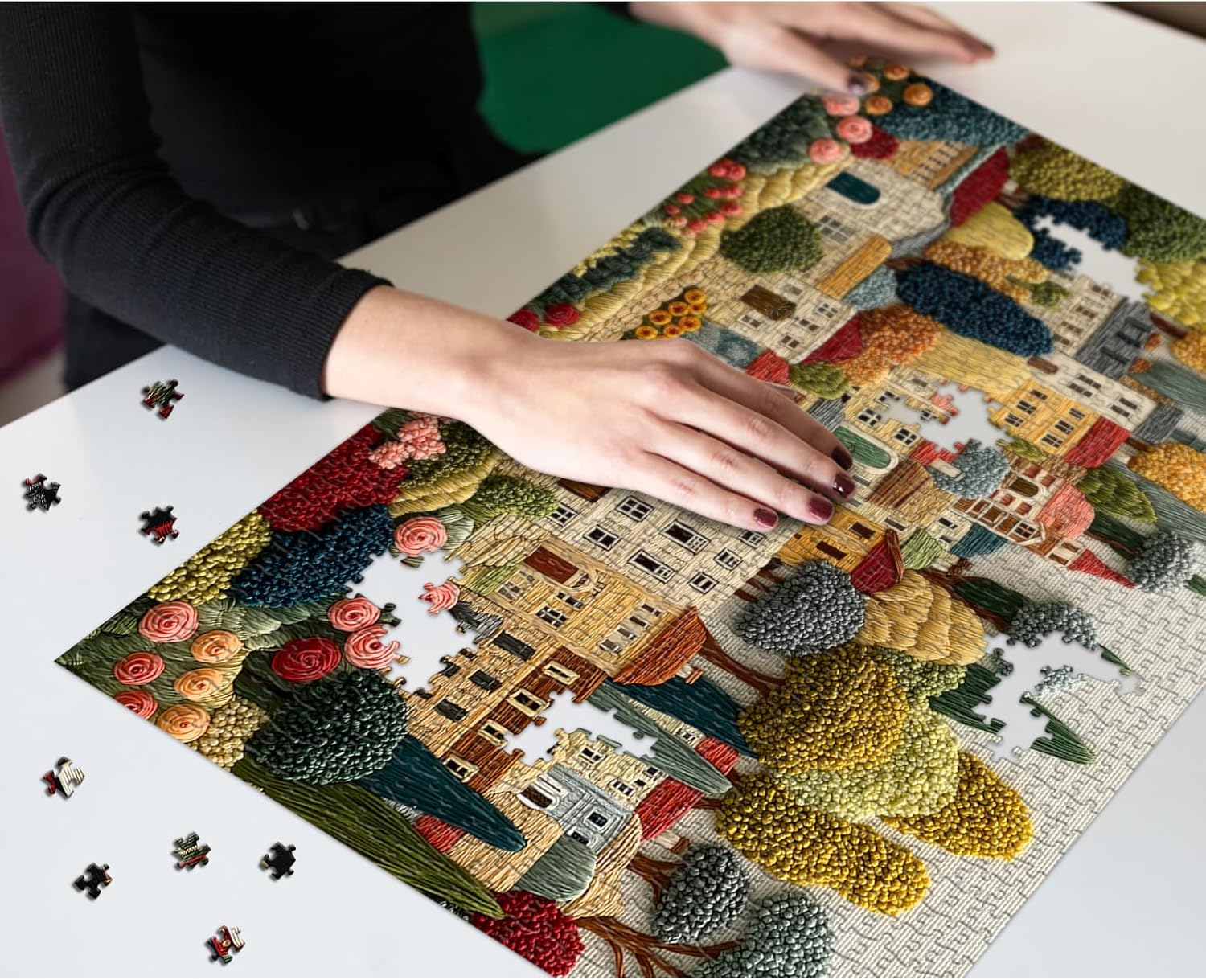 Embroidery Village Jigsaw Puzzle 1000 Pieces, Patchwork Country House Puzzles for Adults Trees, Larkipuzz Impossible Quilting Plants Puzzles for Wall Decor