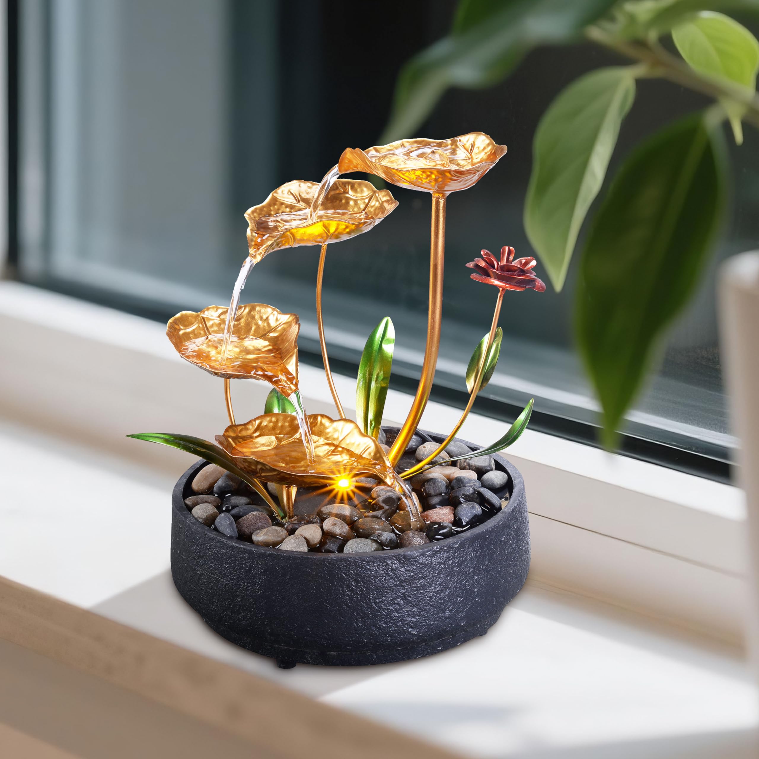 UNITEDESSENTIALINDOOR Tabletop Fountain Metal Lotus Circulating Fountain Water Feature for Zen Home Decor Warm Yellow Scene Light(23034) 6