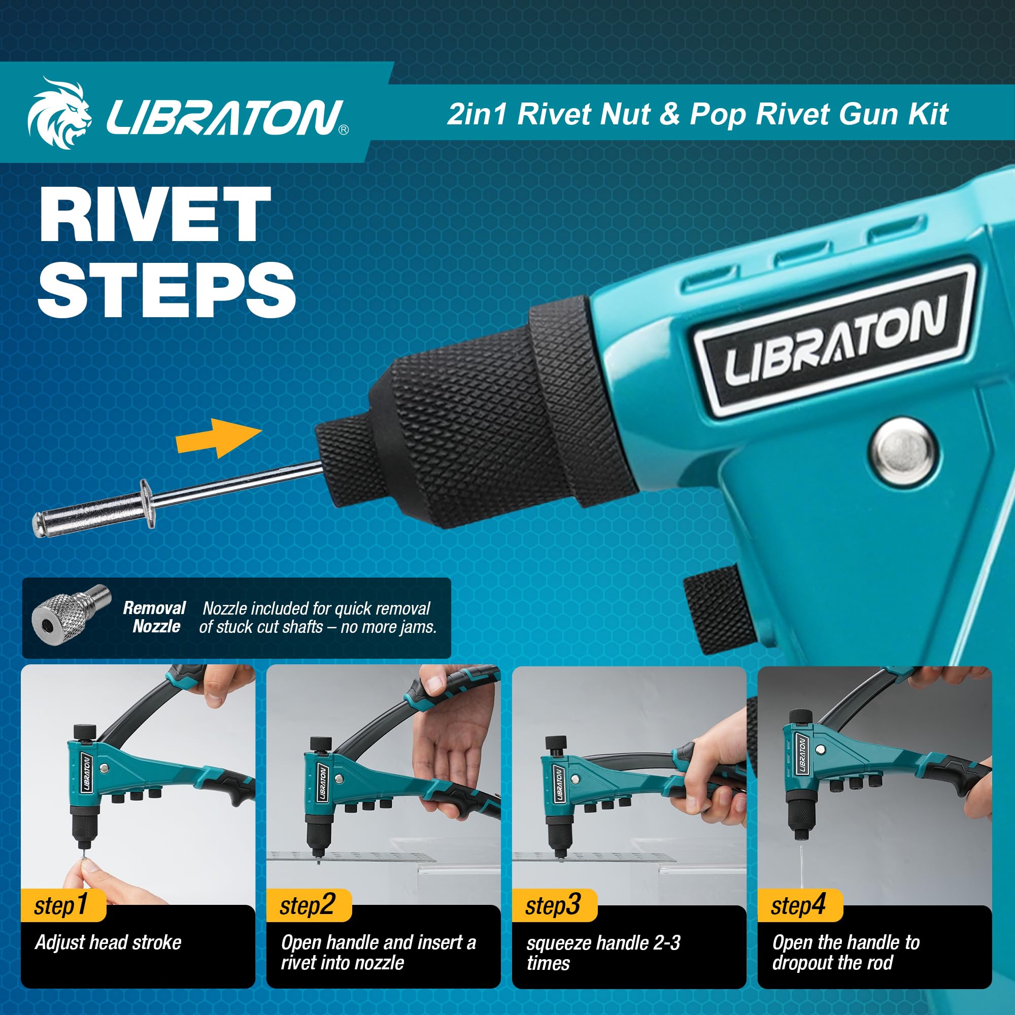 LIBRATON Kit de Remachadora de Tuercas y Remaches 2 en 1, con 4 Mandriles (M3-M6), 4 Boquillas (2.4-4.8mm), 40 Tuercas y 200 Remaches, Remachado Ajustable para Bricolaje y Reparaciones, con Caja