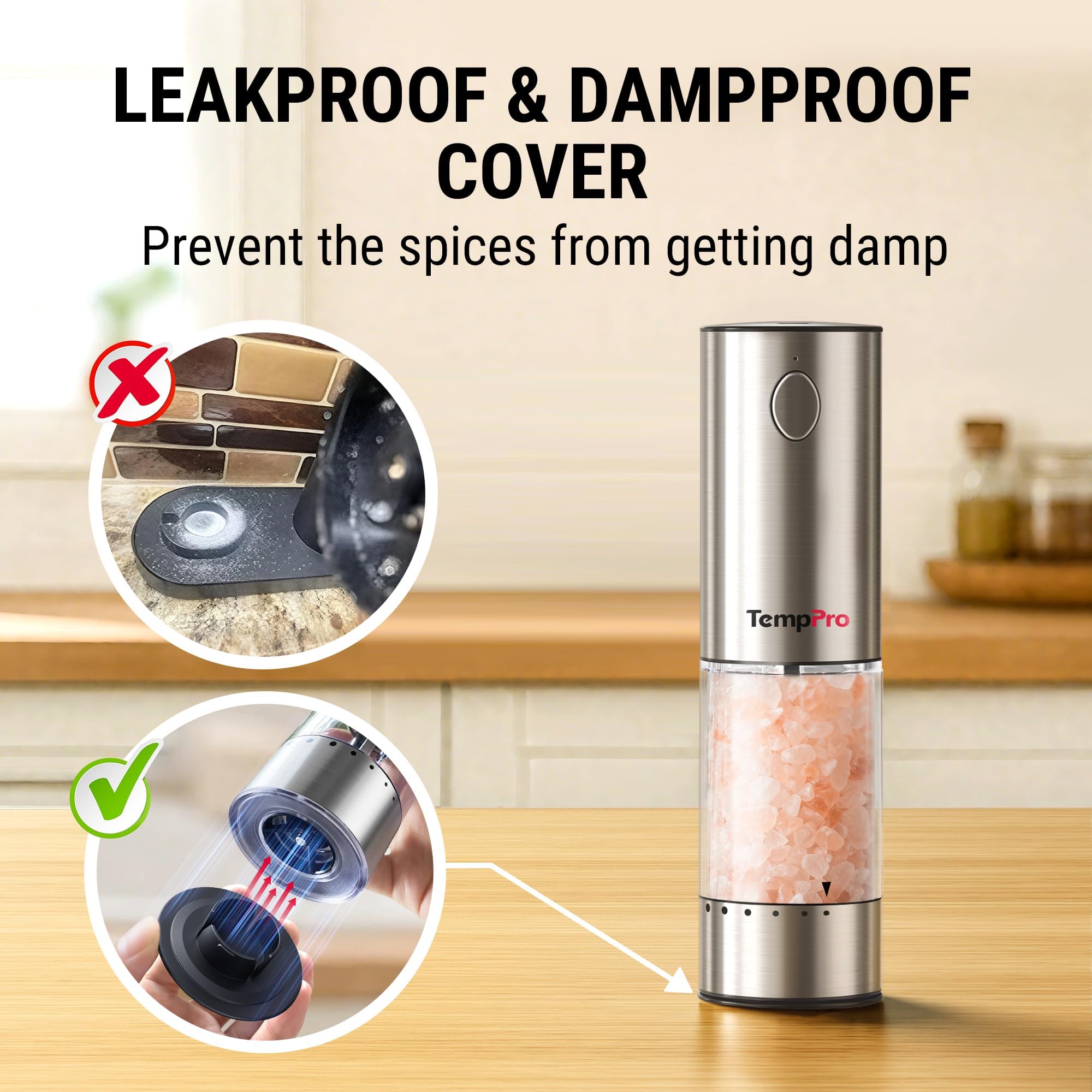 TempPro Electric Salt & Pepper Mills - Rechargeable & Easy! -8