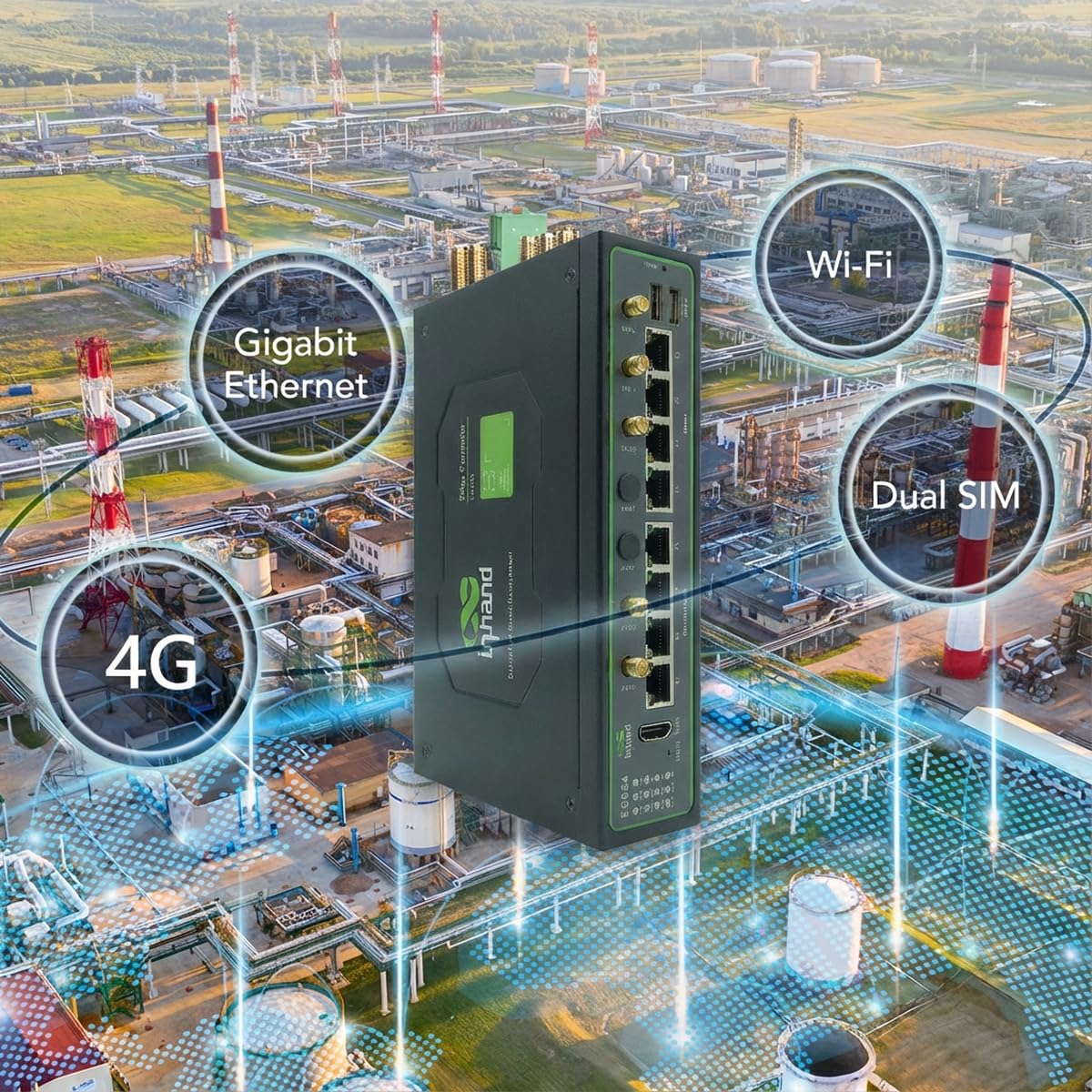 InHand Networks EC954 Industrial AI Edge Computer, wbudowany 26 TOPS Hailo-8 NPU, 4G LTE (EMEA/UK), czterordzeniowy ARM Cortex-A55, 4 GB RAM, 4 x porty gigabitowe, RS232/485, bez wentylatora bramka