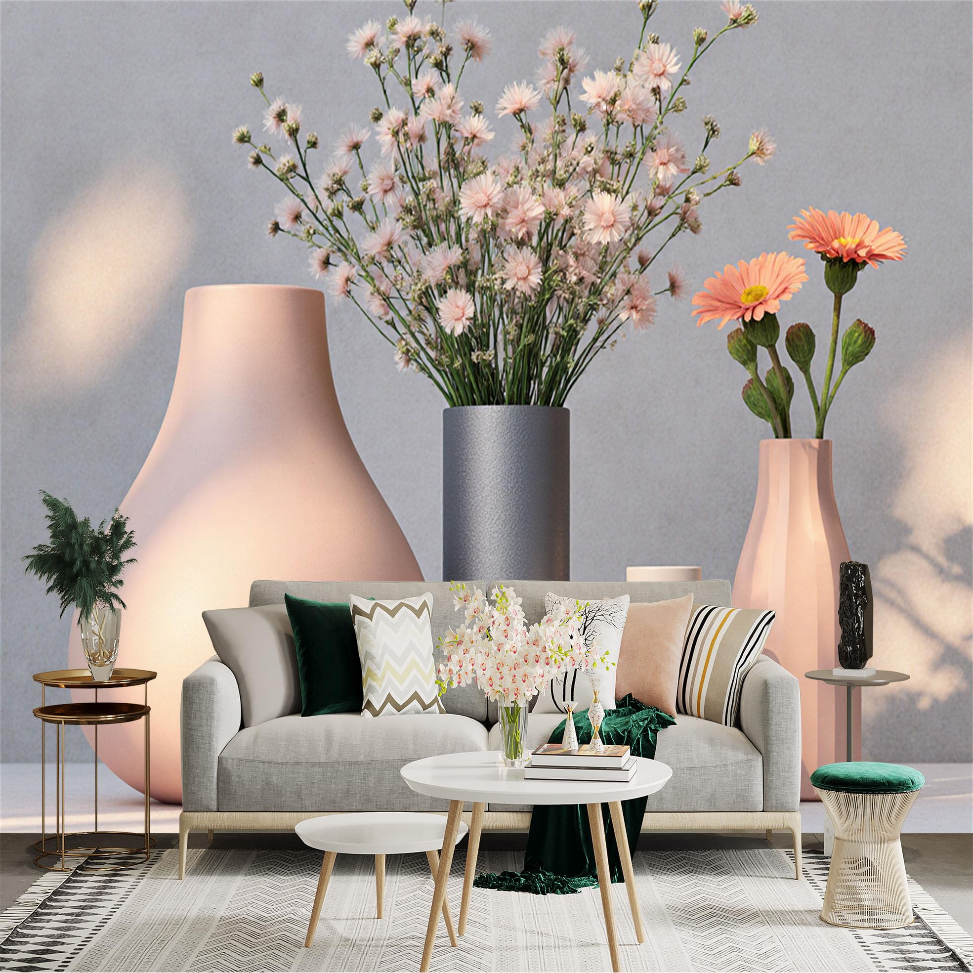 Custom Size Wall Sticker Mural， Minimalist Pink Vases with Delicate Wildflowers， Modern Interior Table Decor， Soft Pastel Aesthetic， for wall Decoration， peelandstick wall Decals.
