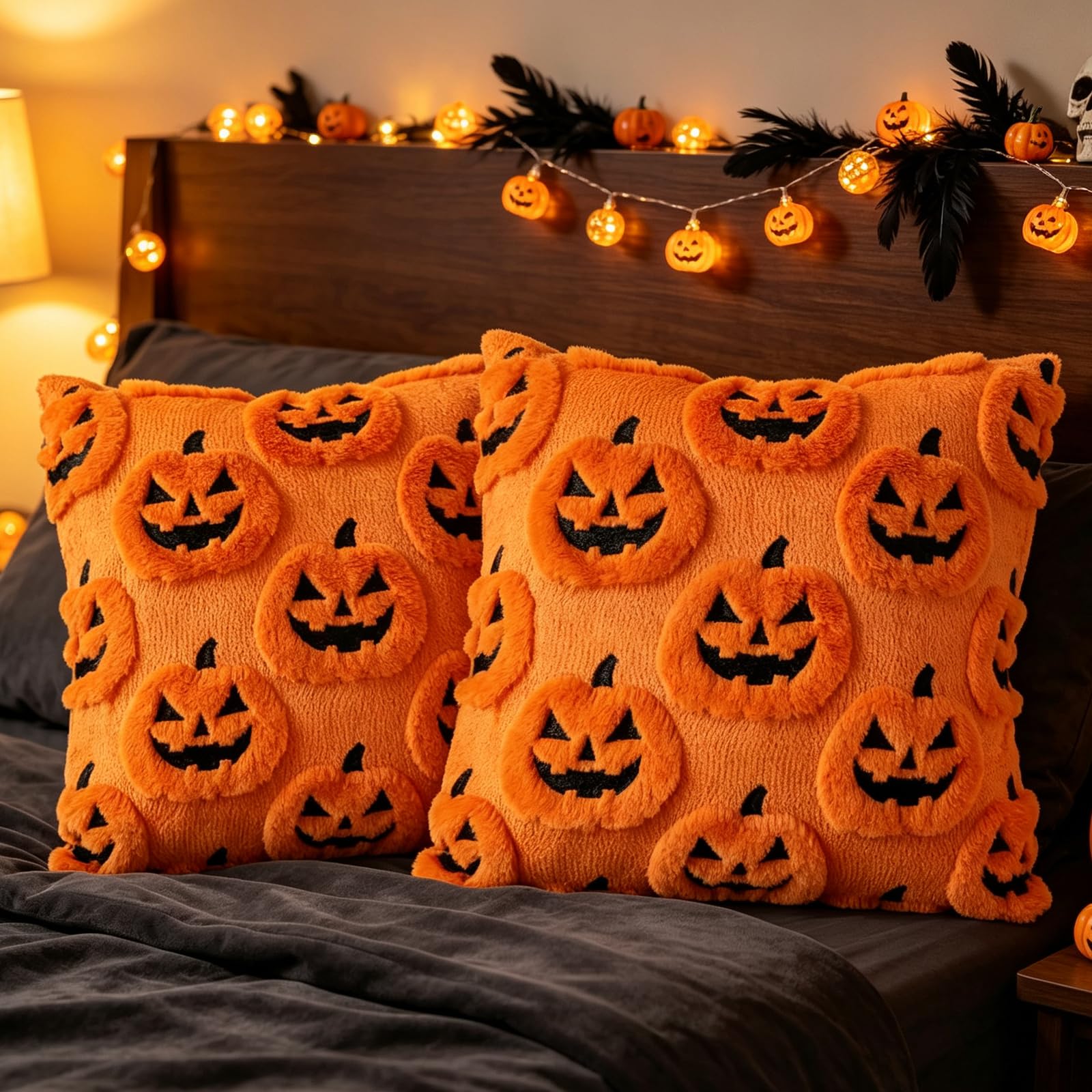 KFSCIP 2 PCS Halloween Cushion Covers 45 x 45 cm Halloween Cushions Funny Ghost Pumpkin Cushion, Halloween Home Decor for Sofa Bedroom Living Room Home Decor (Emoticon Pumpkin)