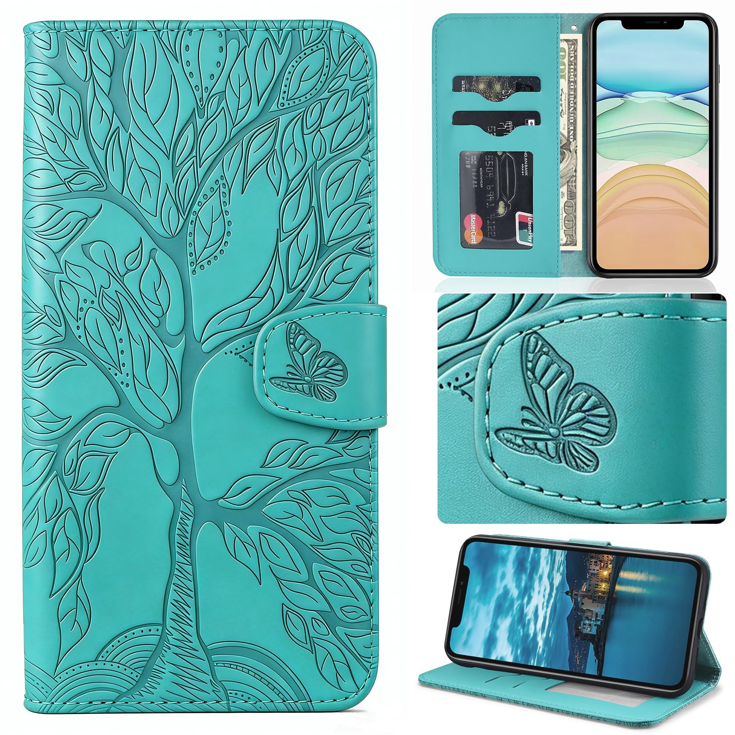 Aisenth Handyhülle für iPhone XS Max, Baum Muster Leder Handytasche Brieftasche Klapphülle Etui Wallet Flip Case Schutz Hülle mit TPU innen Schale, Kartenfächer, Aufstellfunktion -Blau Grün
