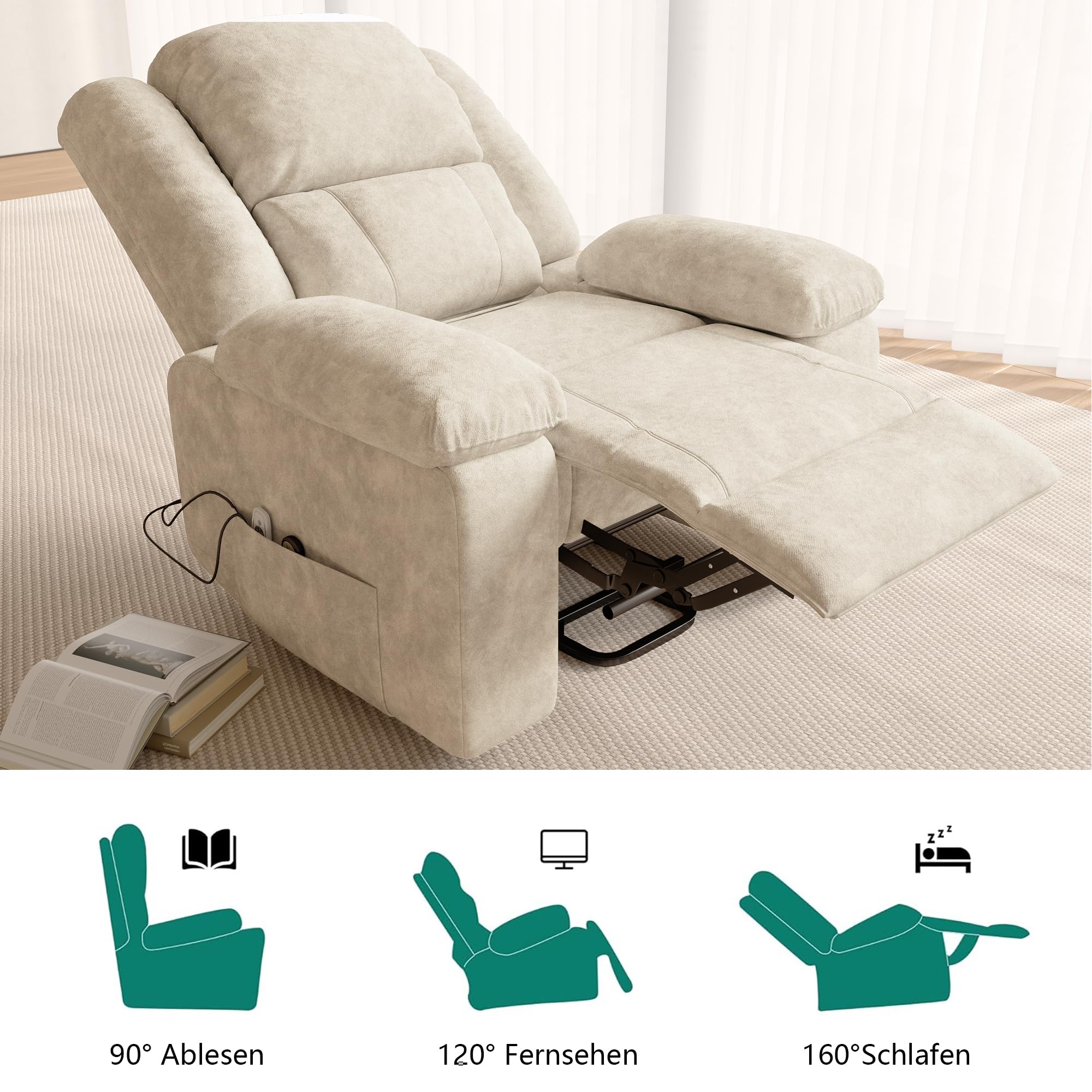 Fauteuil Releveur Électrique,Fauteuil Massant Relax avec Fonction Massage et Chaleur,Aide à la Verticalisation, Massage, Chauffage, Repose-Pieds, Poches, Port USB, Tissu Éponge (Beige)